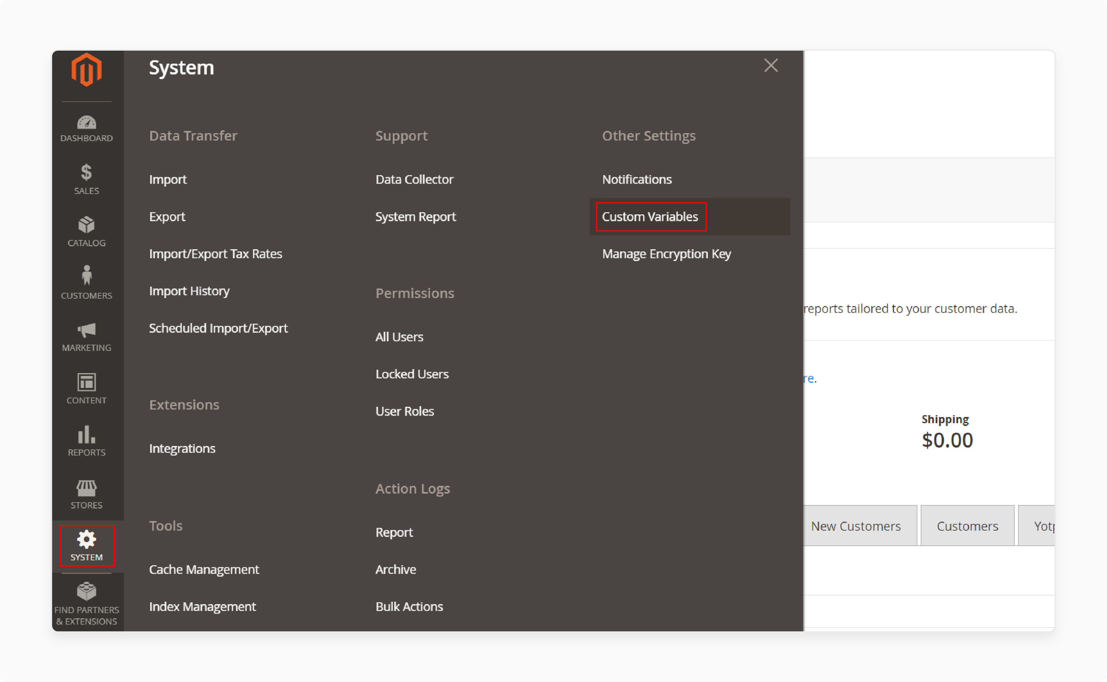 Navigate to Custom Variables in Magento 2 Admin Panel Navigating to custom variables in Magento 2 admin panel for email template customization