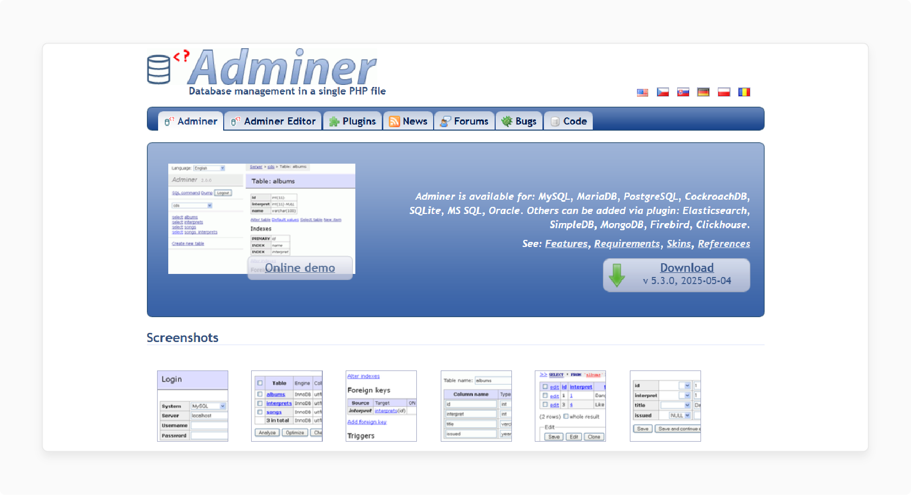 Features of Adminer in Magento 2 Developer Tools