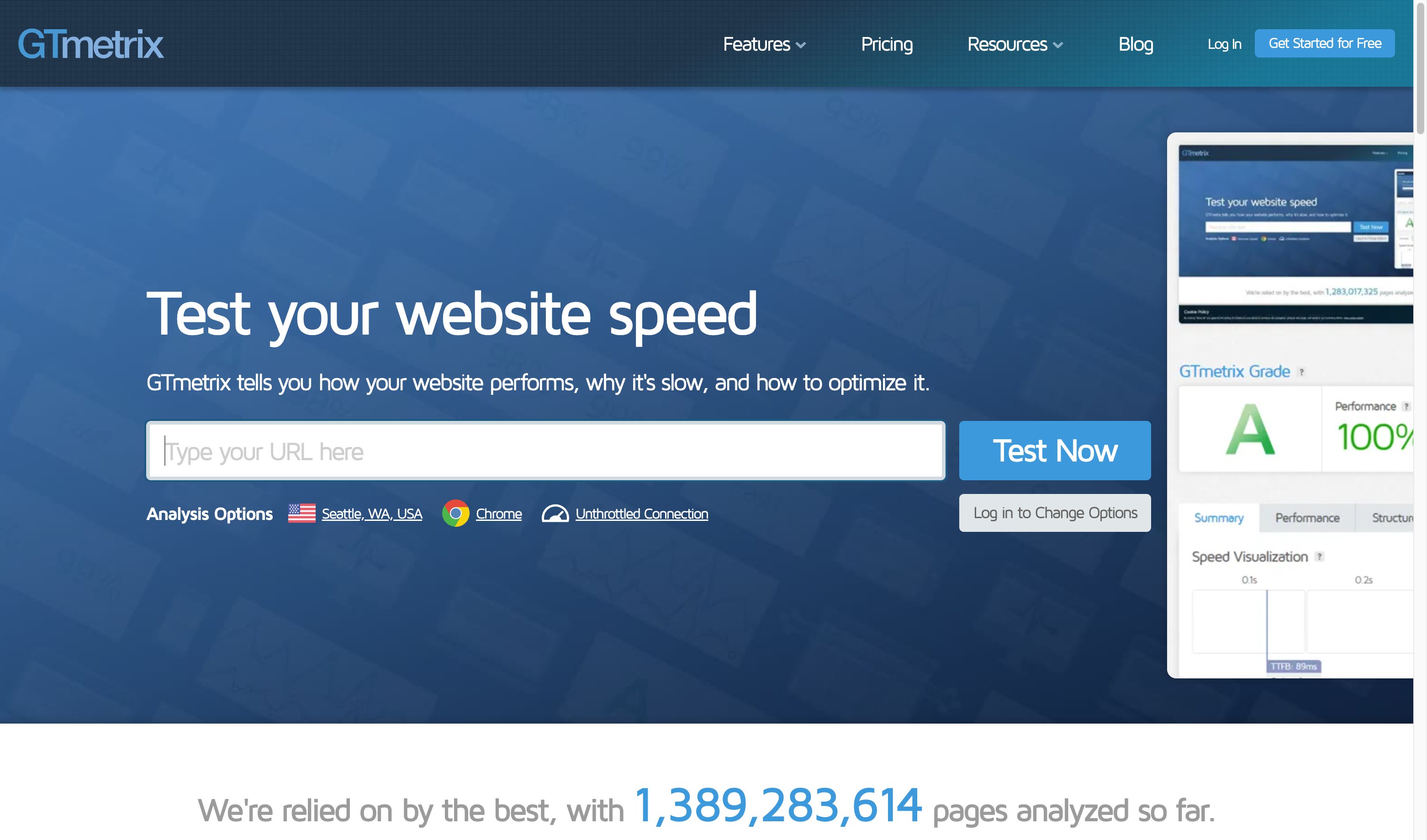 GTmetrix speed test interface with waterfall analysis and performance reports
