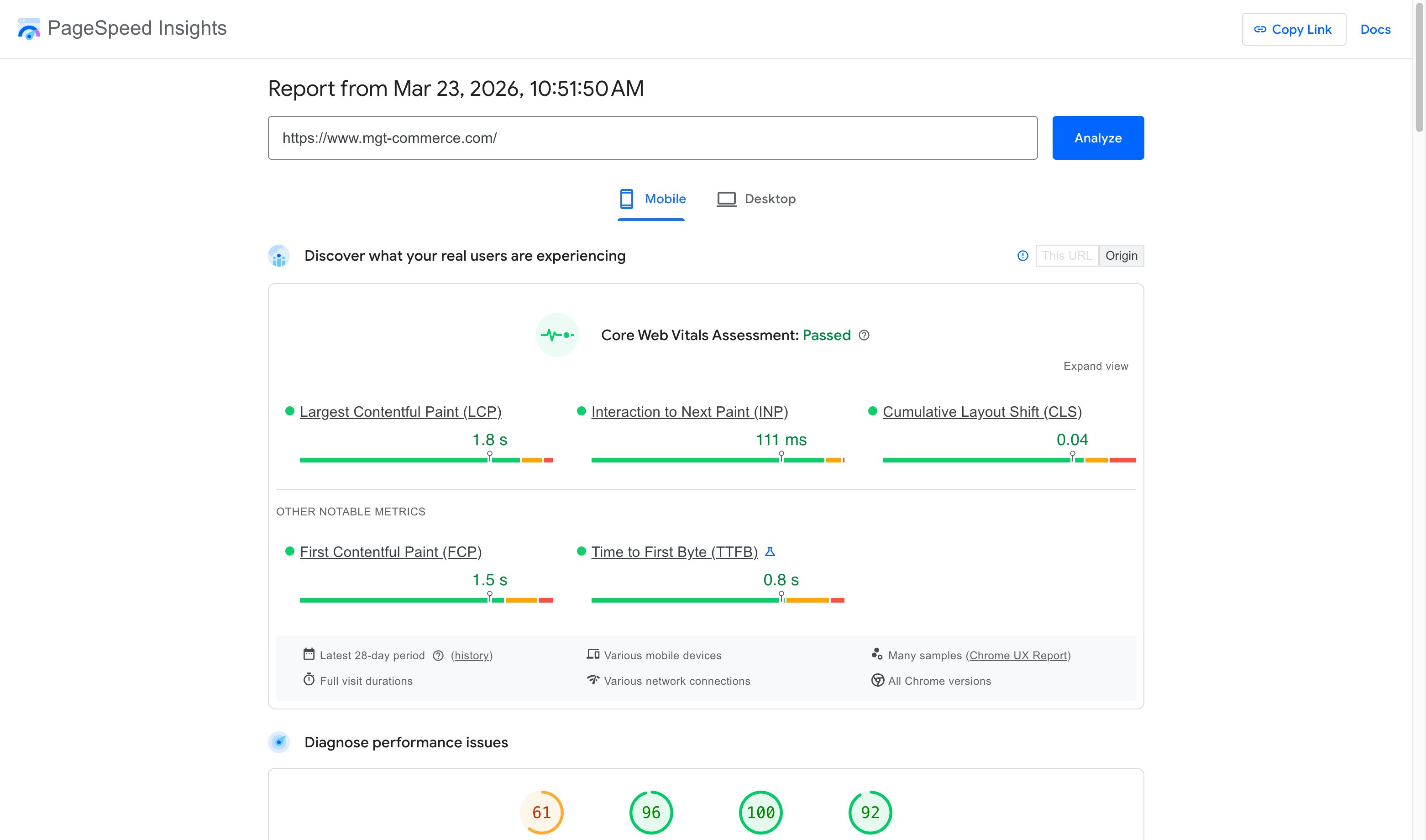 Google PageSpeed Insights showing Core Web Vitals assessment for mgt-commerce.com