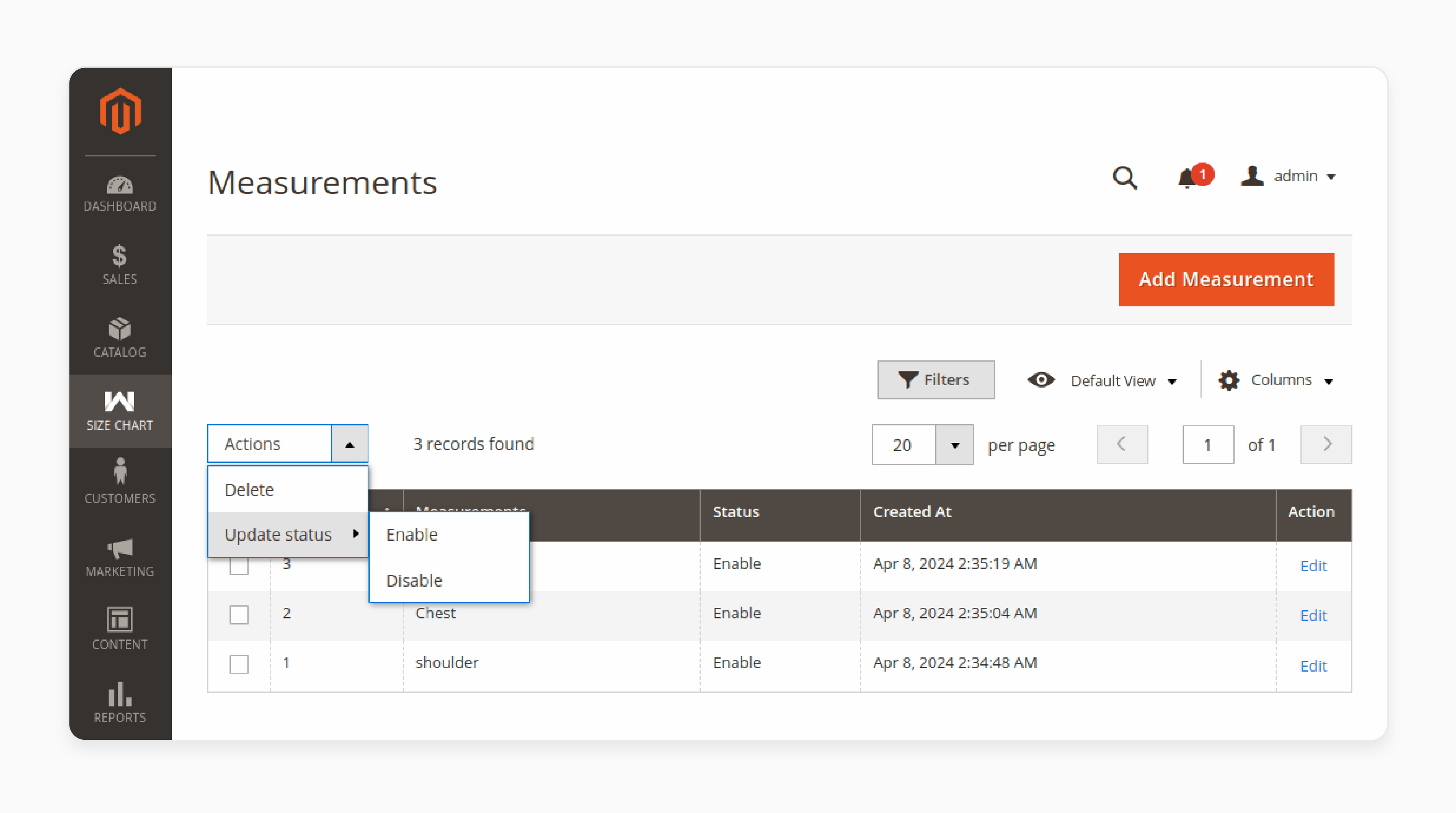 Measurement Creation: Set the status as enabled or disabled