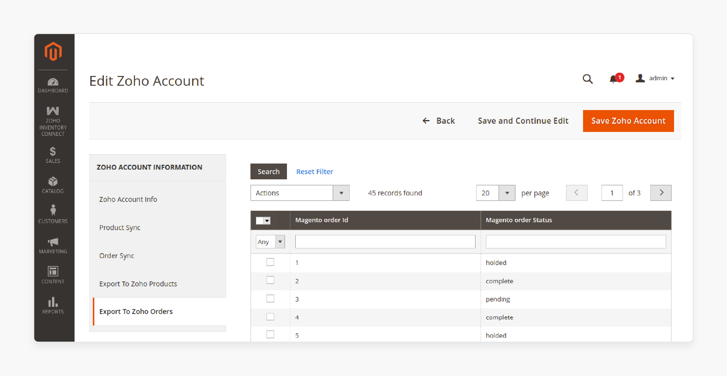 order export grid displaying magento order IDs with status indicators and pagination