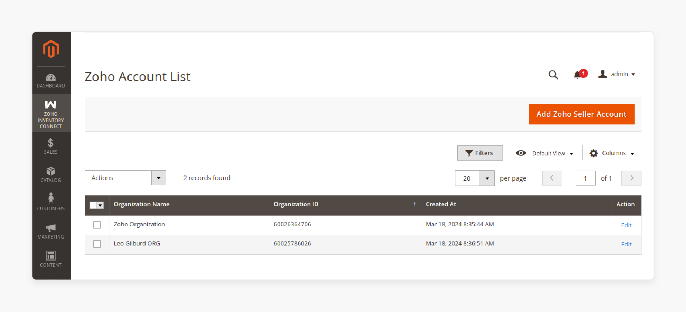 new zoho account creation form with organization id and attribute settings