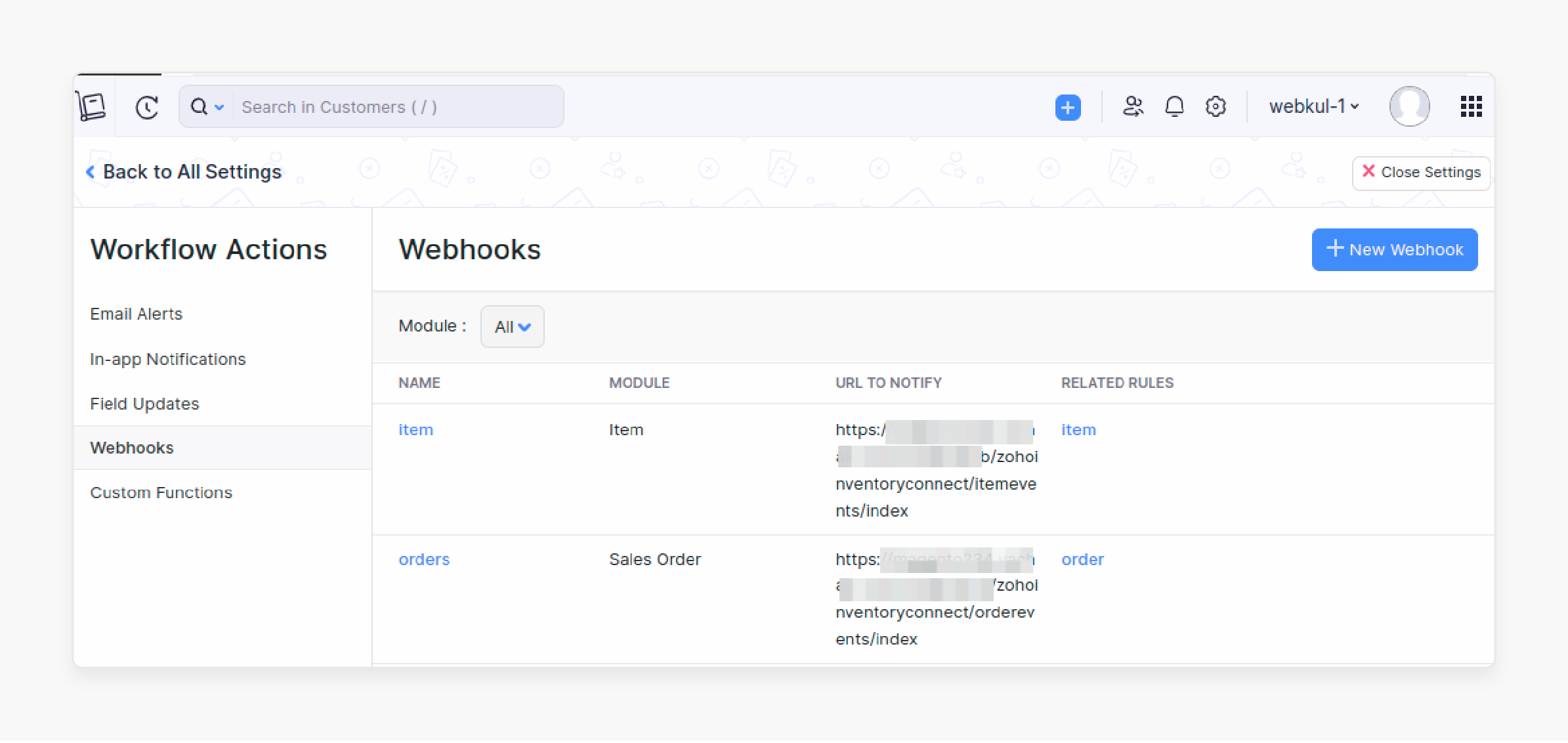 webhook configuration panel showing item and order event integrations