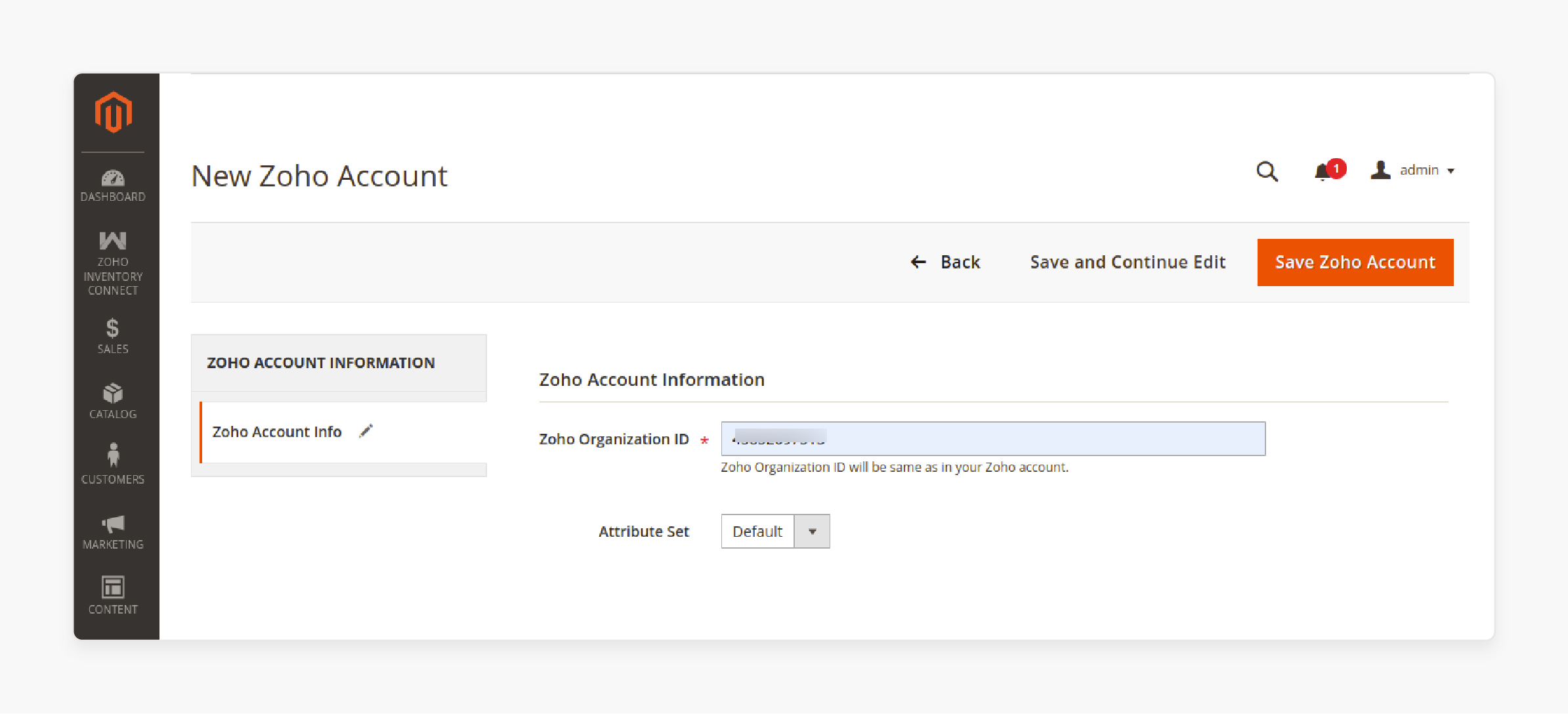 magento admin panel displaying zoho organization list with ids and timestamps