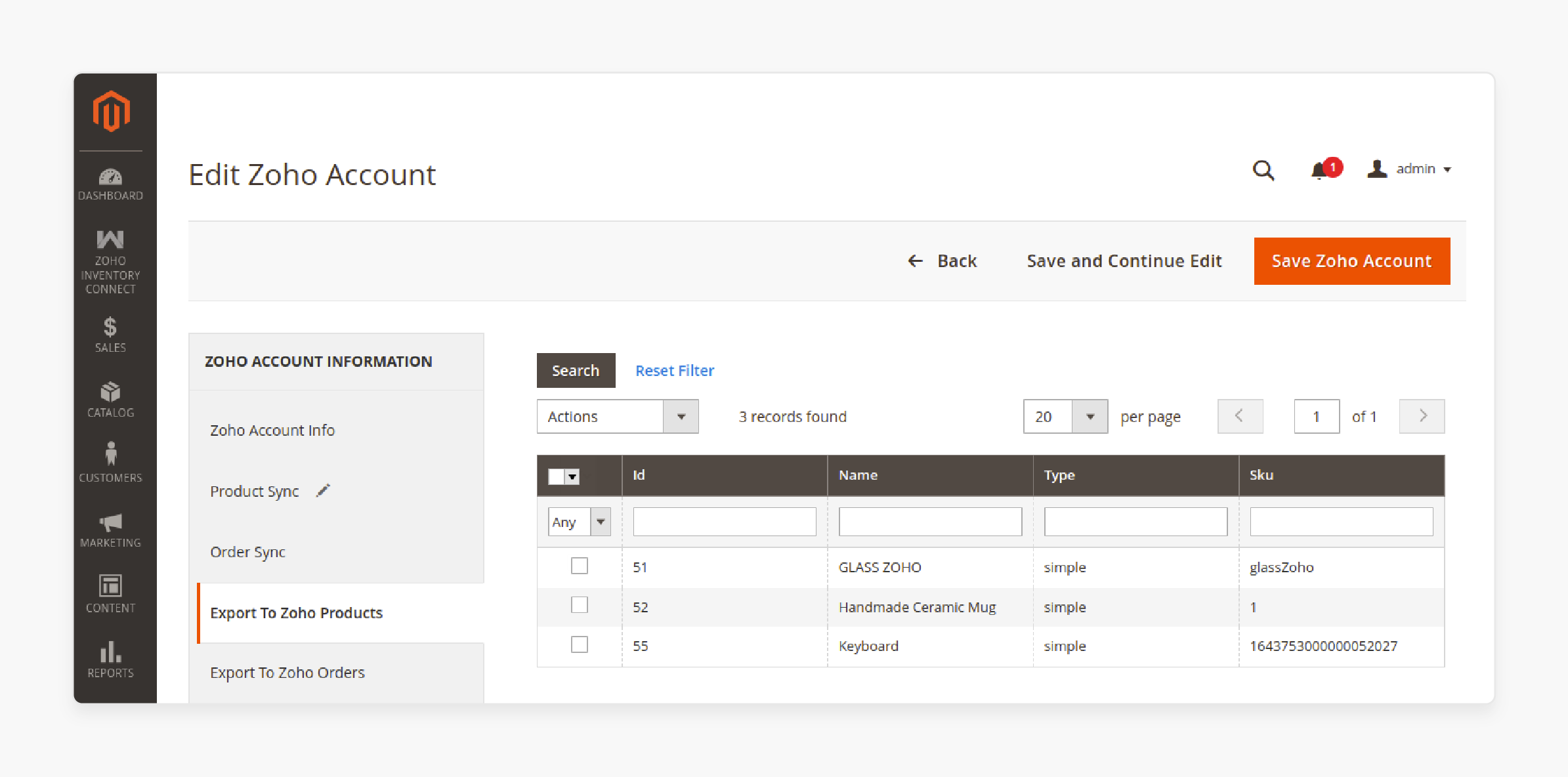 product synchronization grid showing magento products with zoho listing ids and timestamps