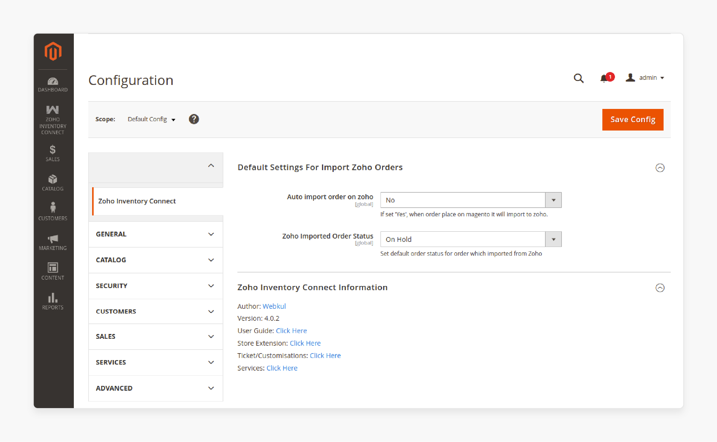 default order settings panel for magento zoho integration with import options