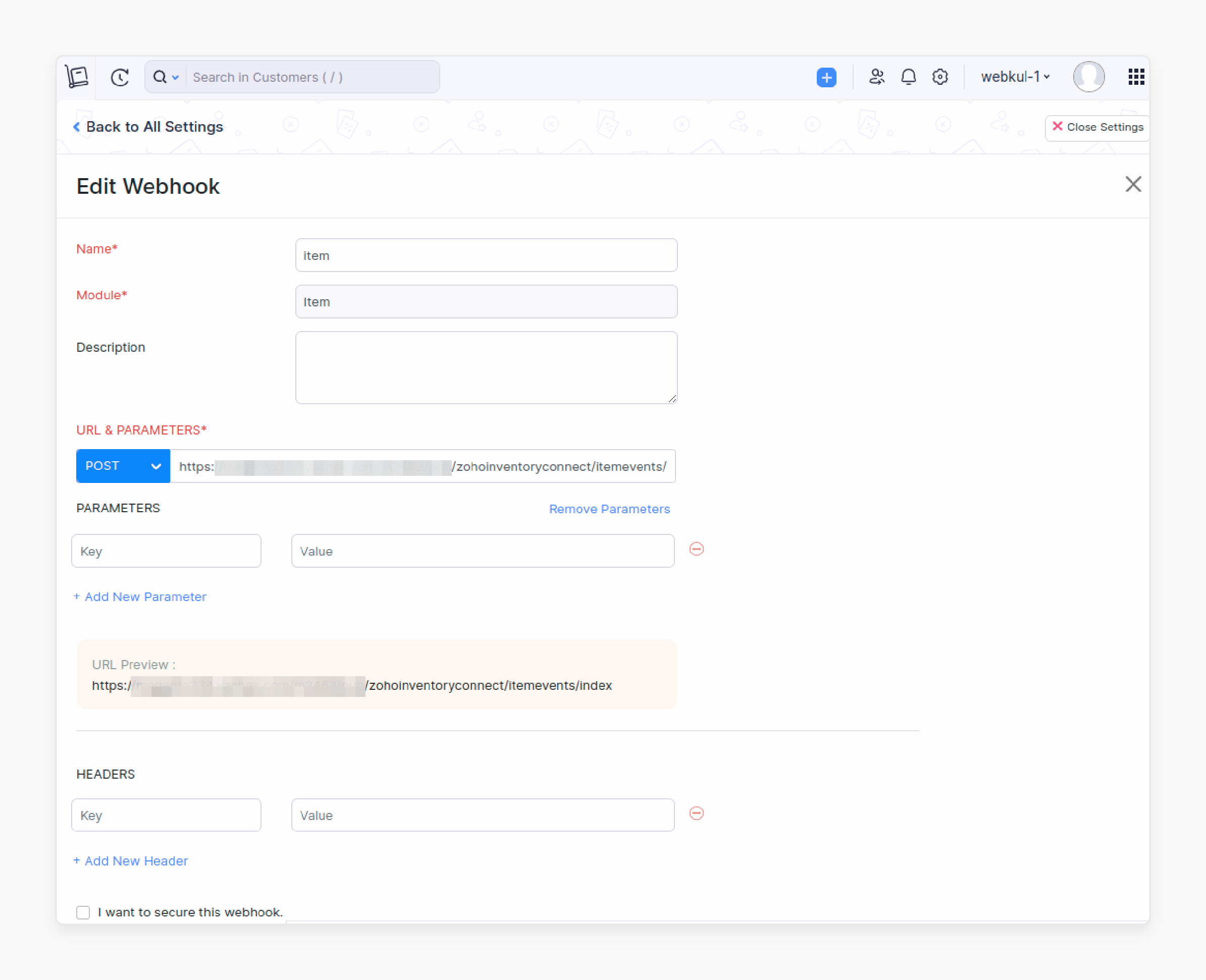 webhook configuration form with item module settings and post endpoint url