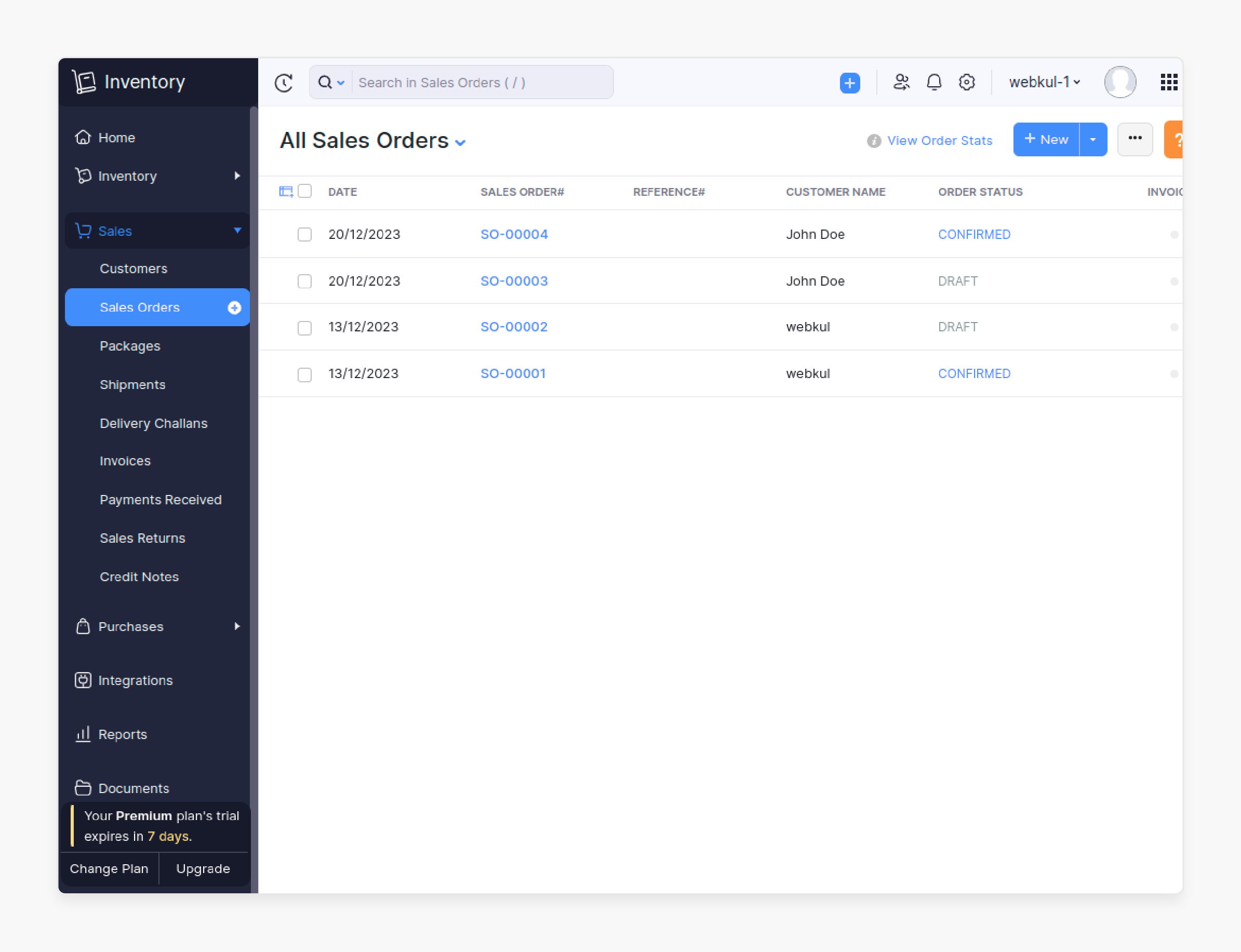 order export interface showing magento order IDs with status indicators and pagination