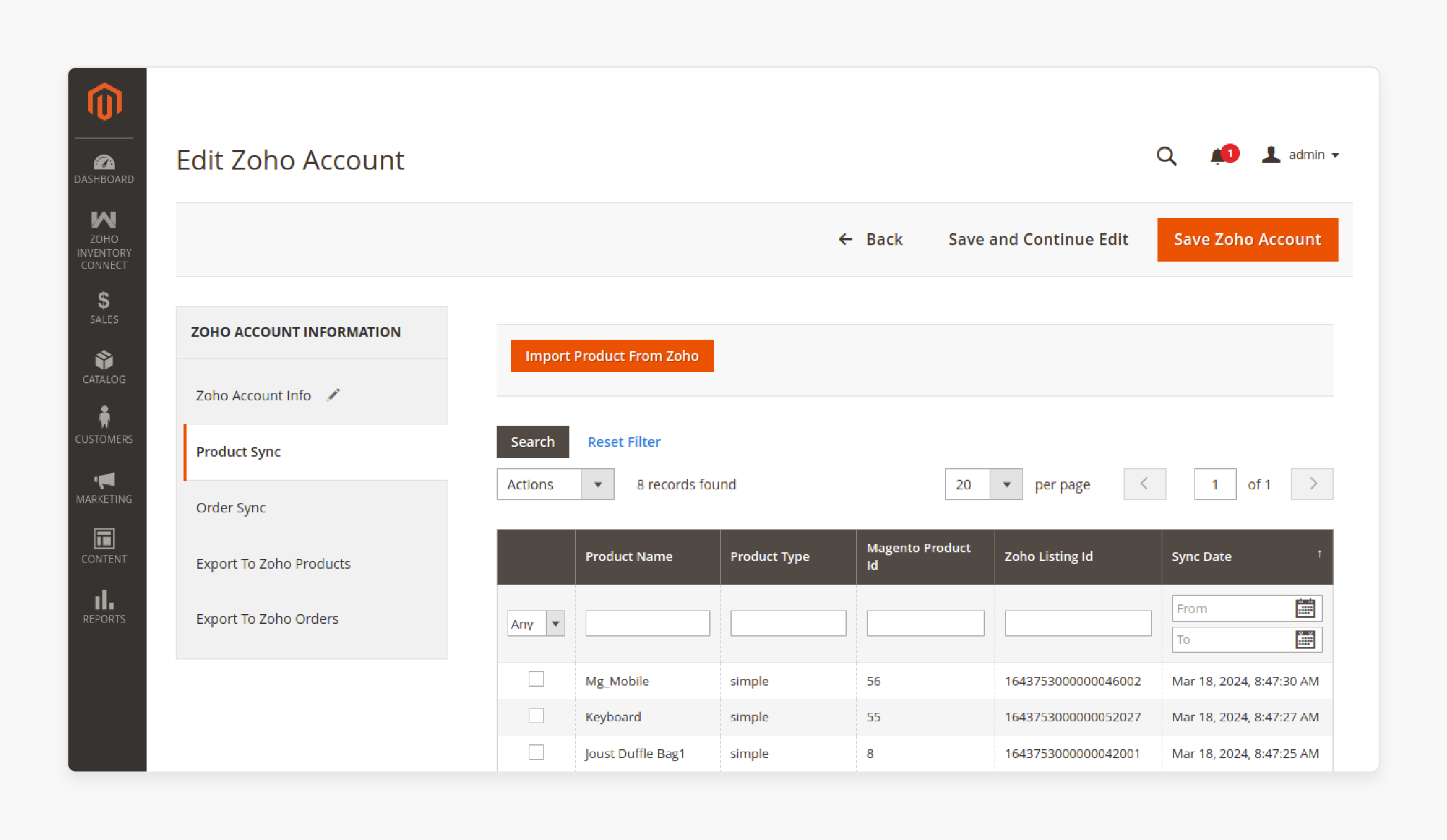 product synchronization grid showing magento items with zoho listing ids and sync dates
