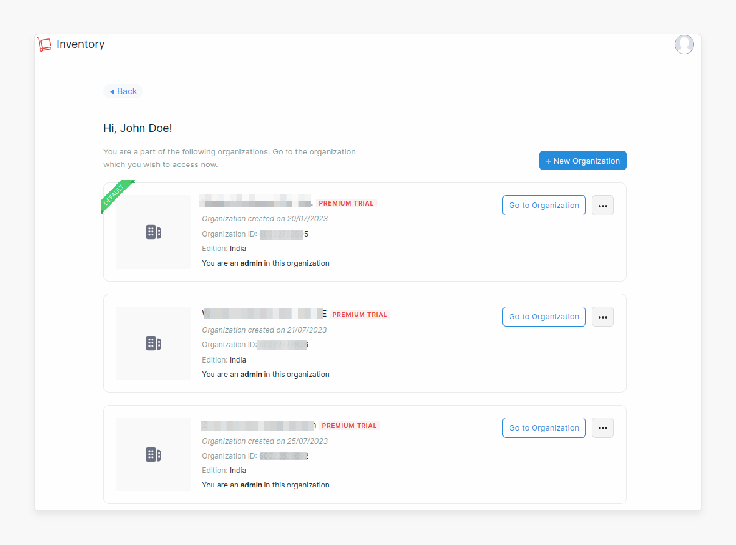 multiple organization management panel in zoho inventory with premium trial