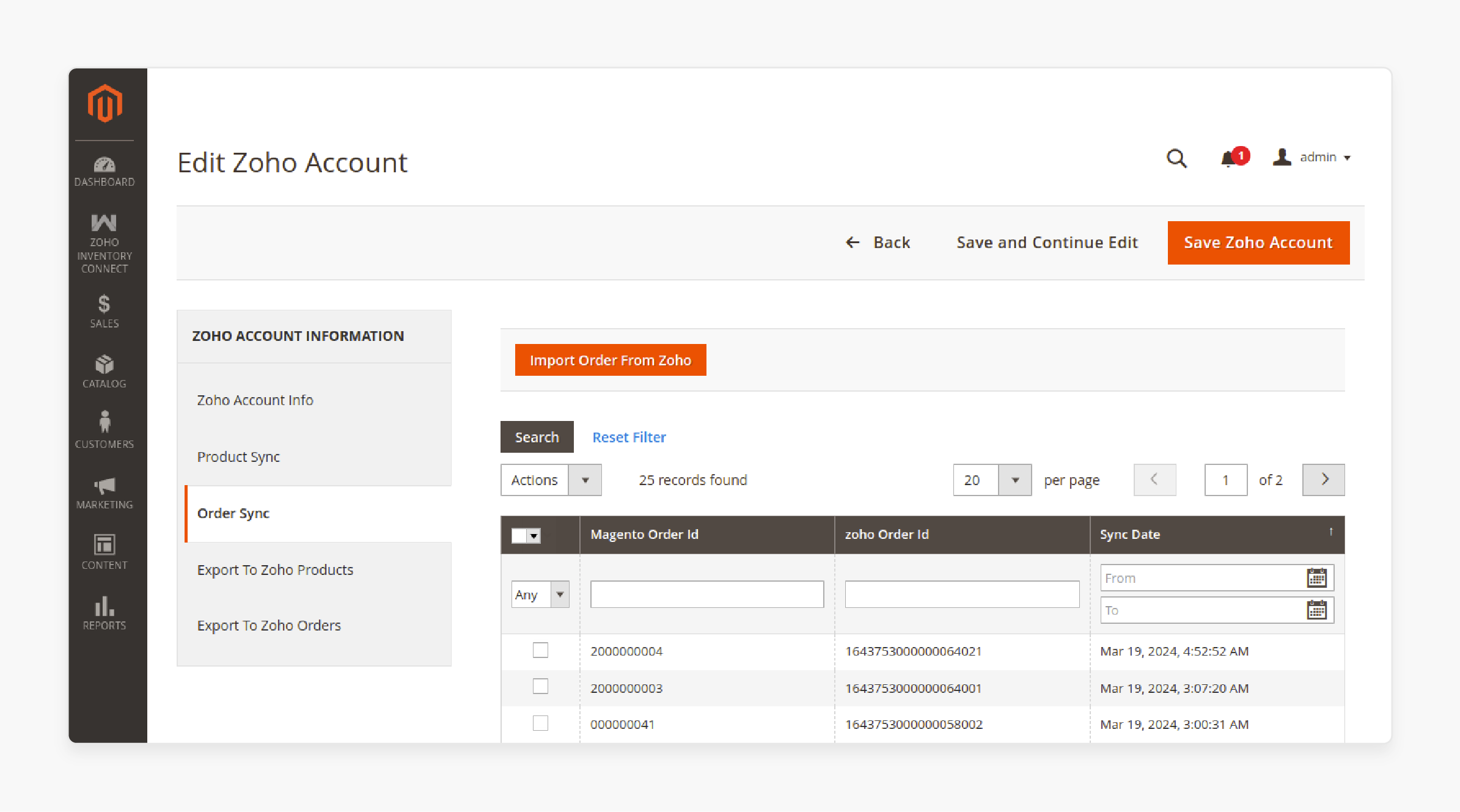 order synchronization grid displaying magento order ids with zoho reference numbers and sync timestamps