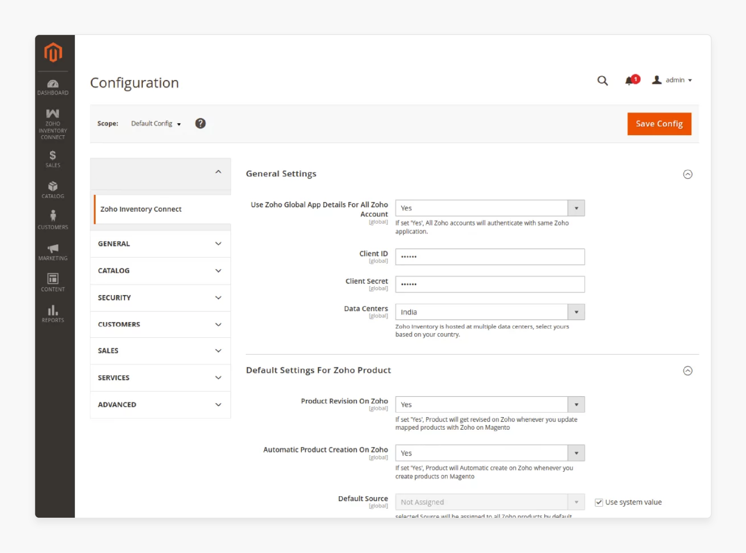 general configuration settings for magento and zoho inventory integration with api credentials