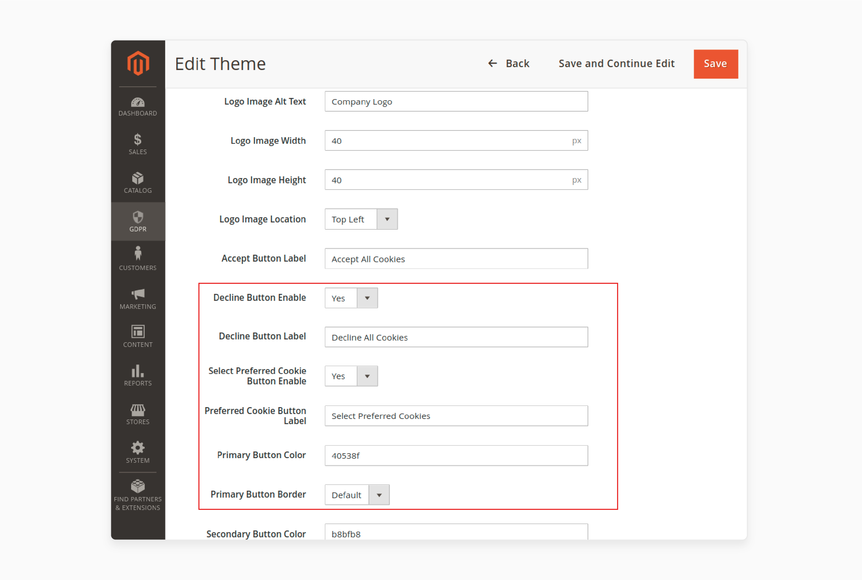 Button settings configuration for cookie consent options