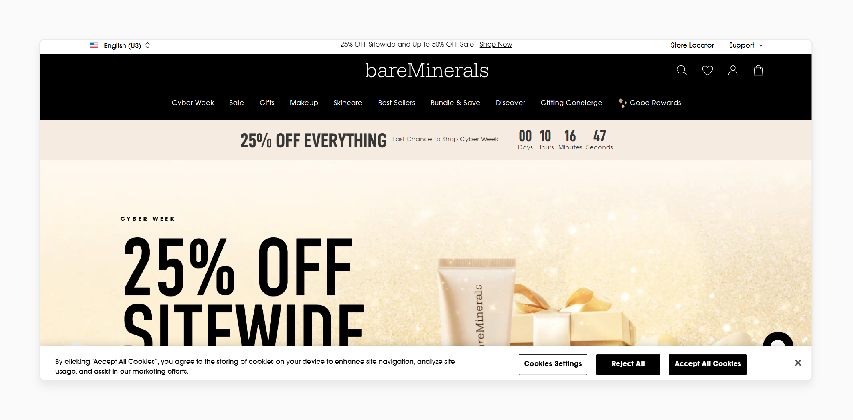 BareMinerals' simple cookie popup for user consent