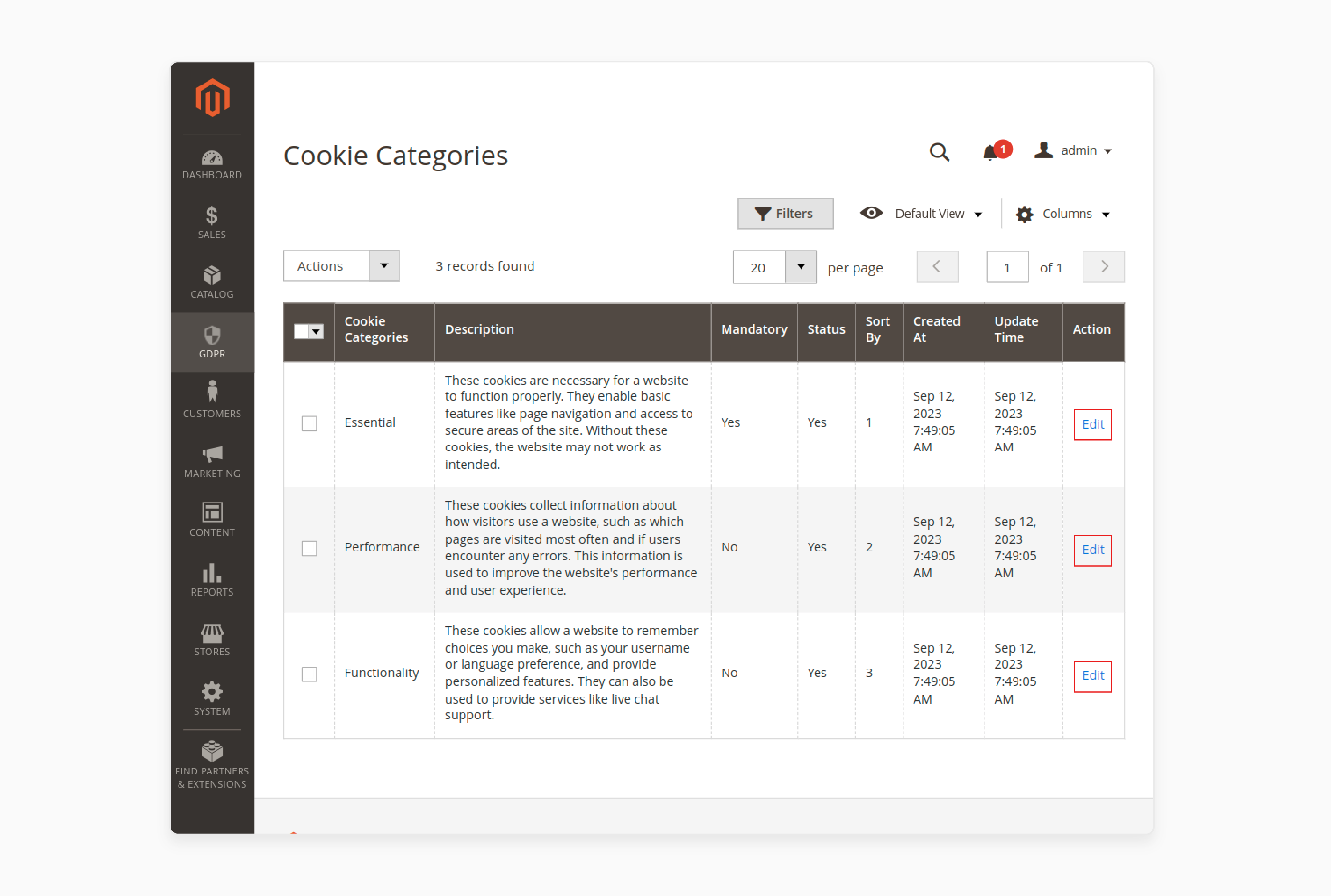 Magento admin panel for accessing cookie popup theme settings