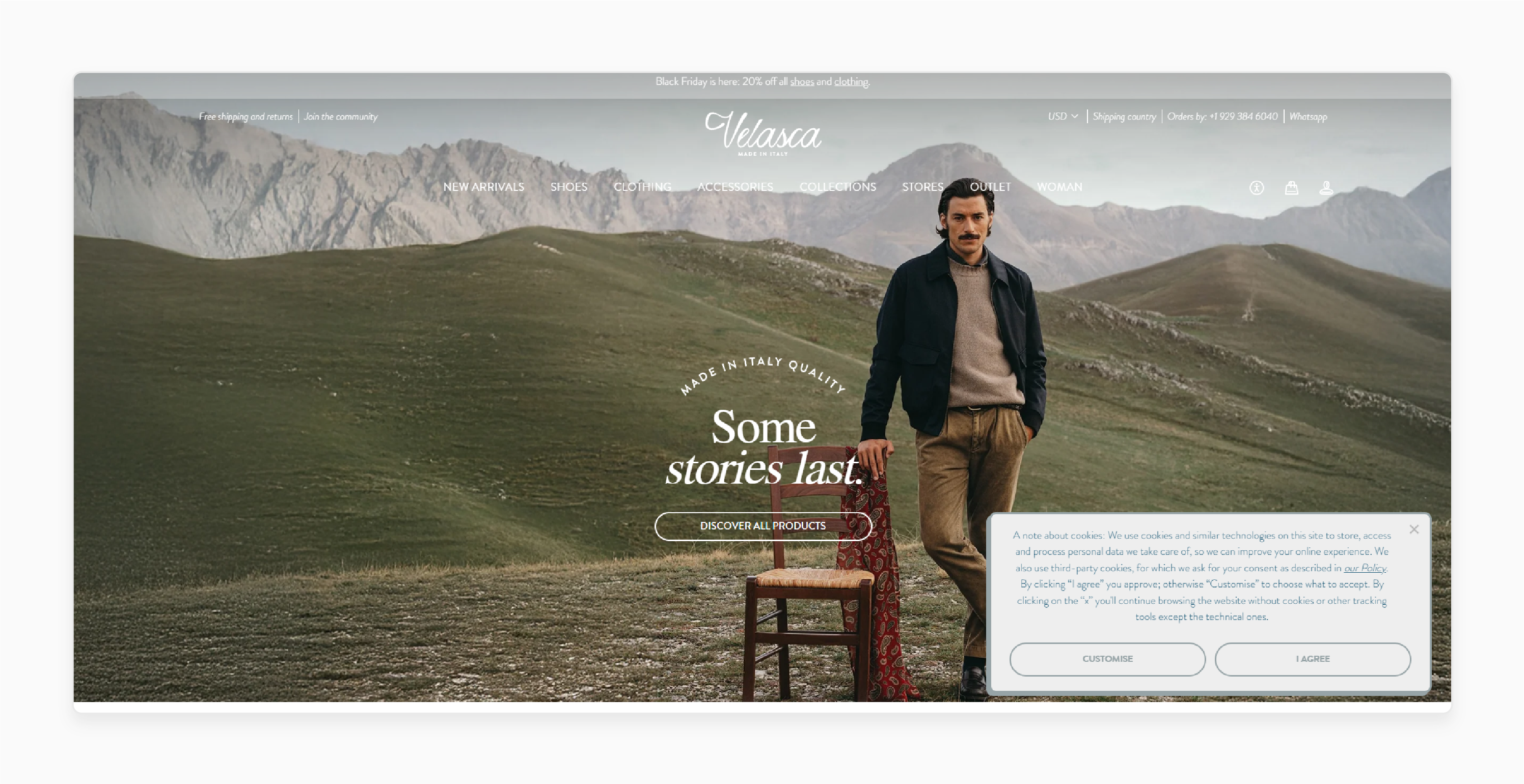 Velasca's minimalistic cookie consent popup design