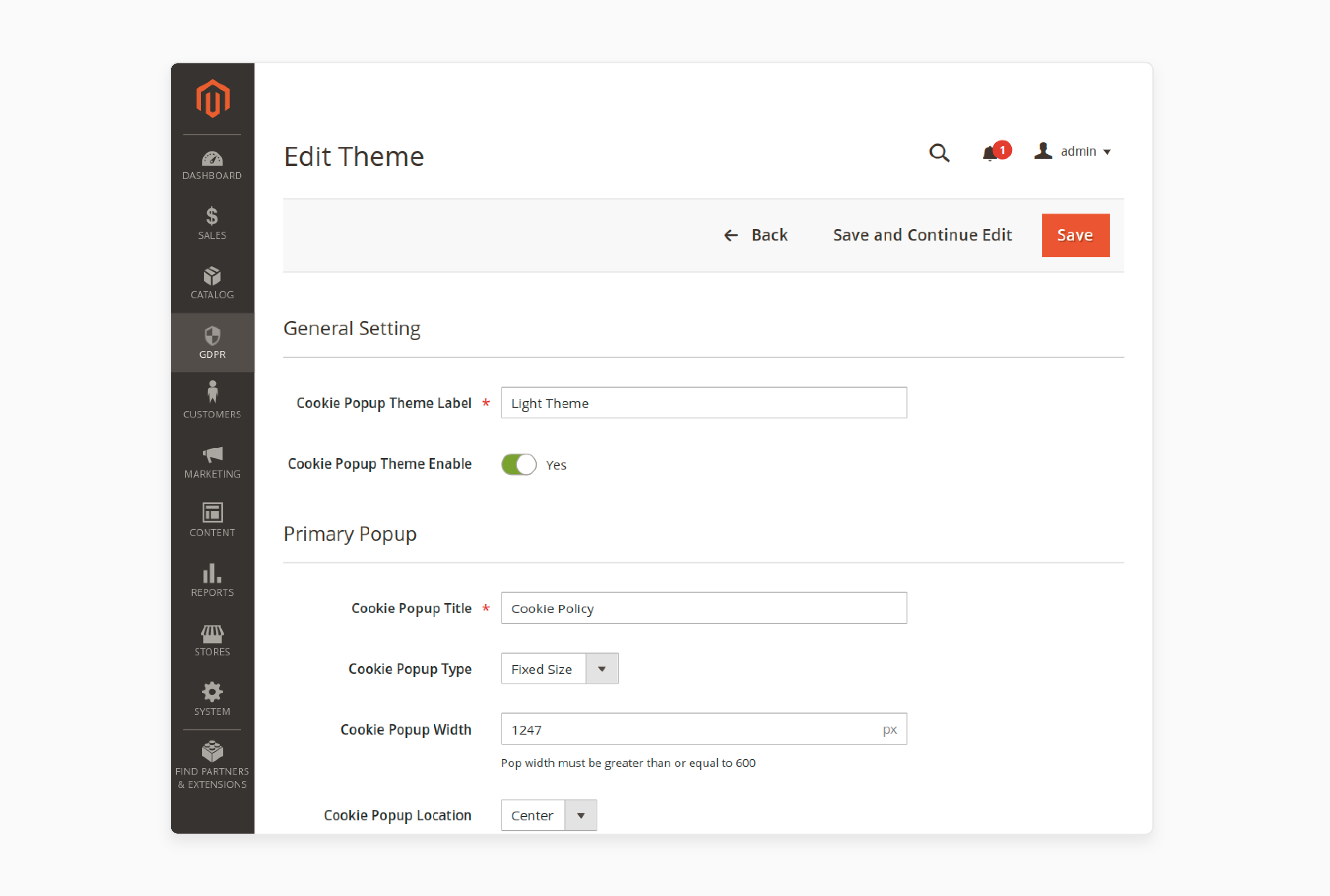 Configuring primary popup settings for Magento 2 cookie notice