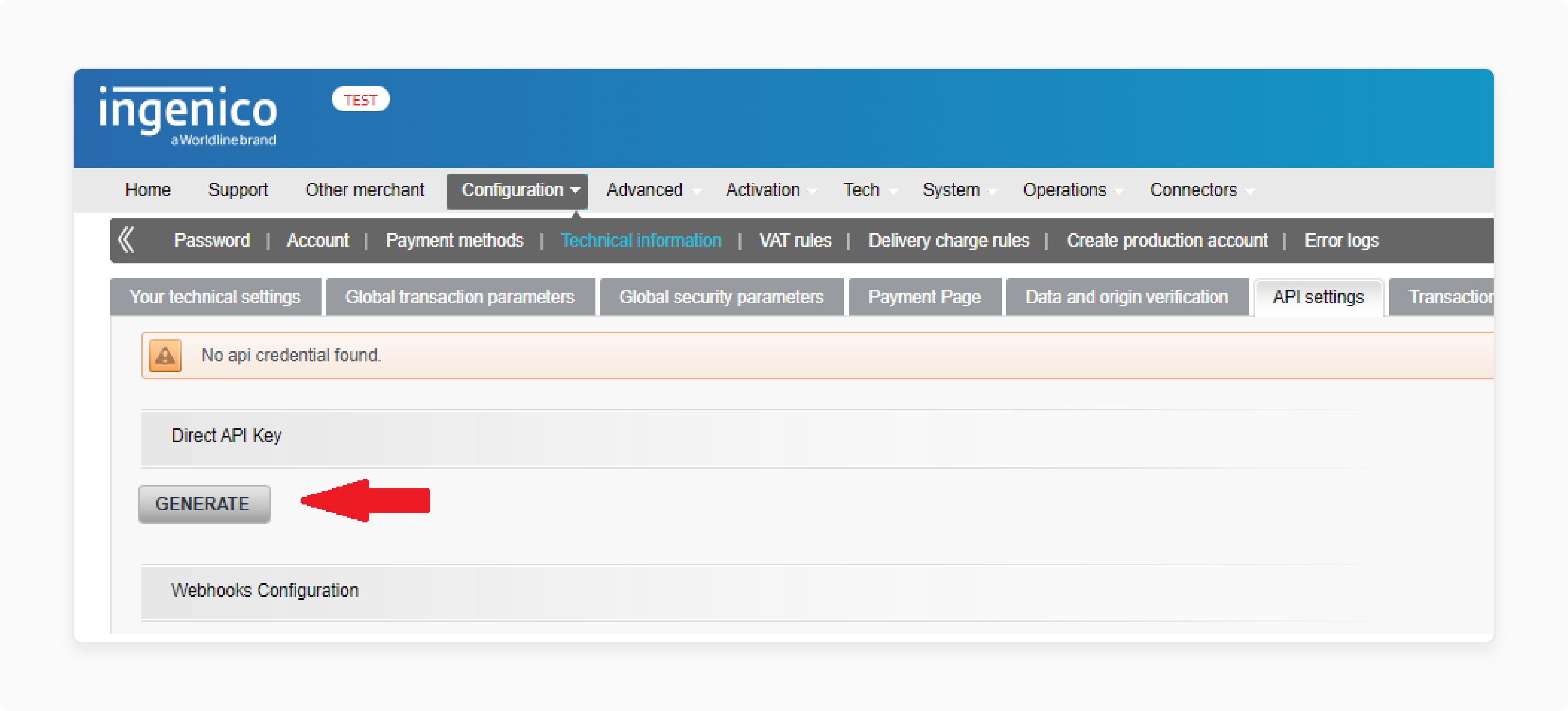 worldline api credentials generation interface in magento 2 admin panel