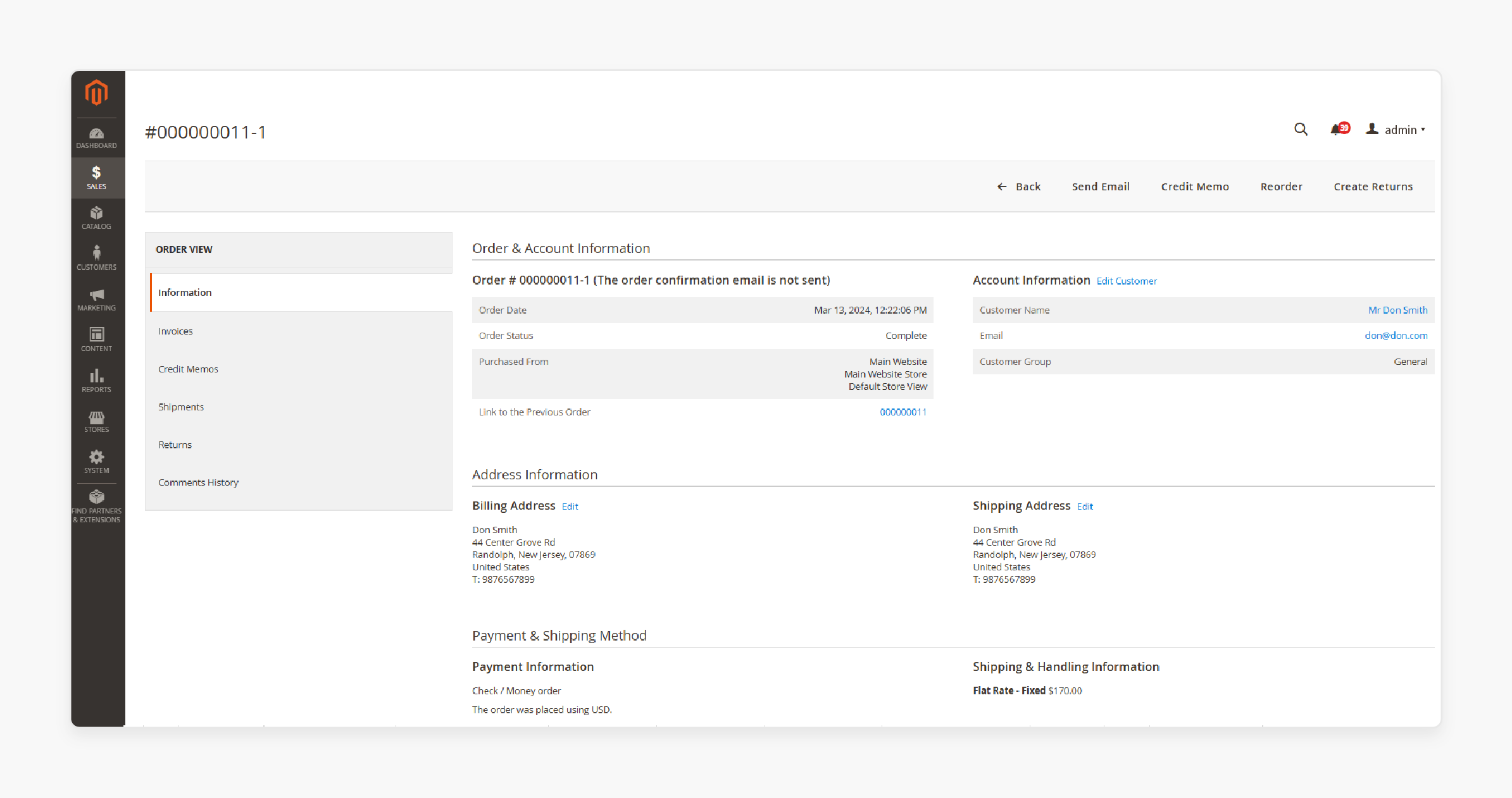 magento admin panel displaying product reorder action