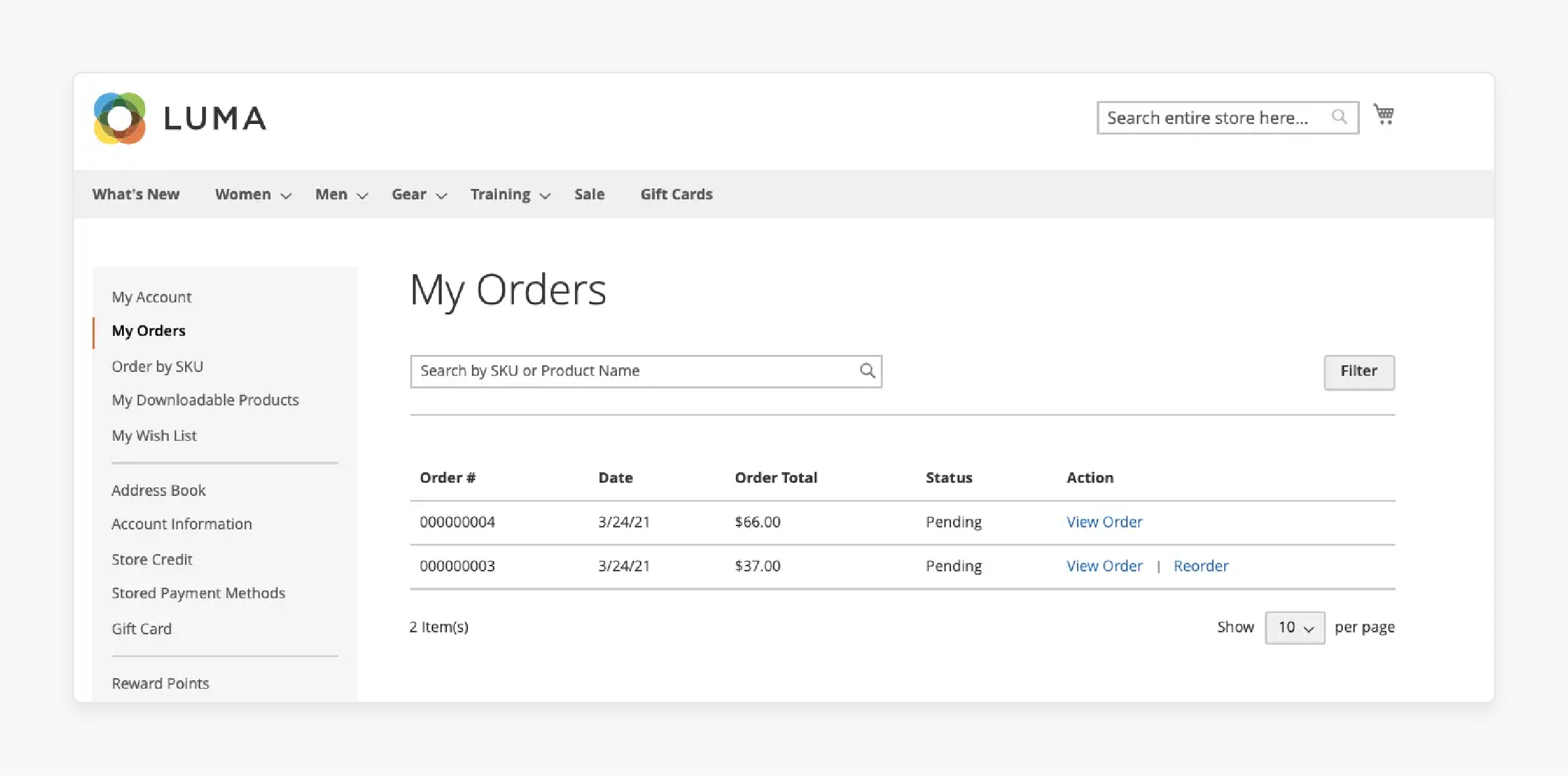 magento order view page displaying reorder button and options