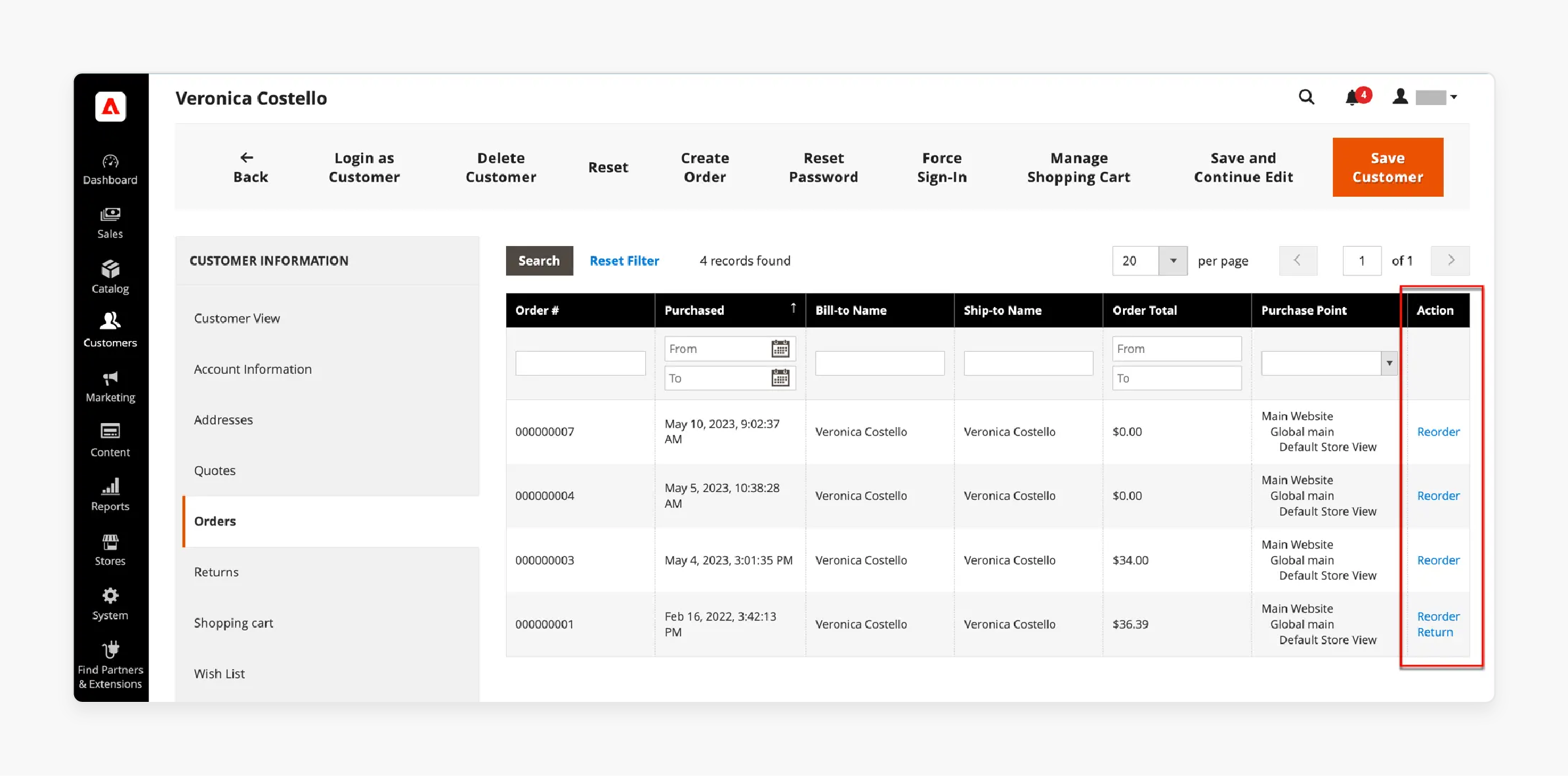 magento my orders page with reorder button highlighted