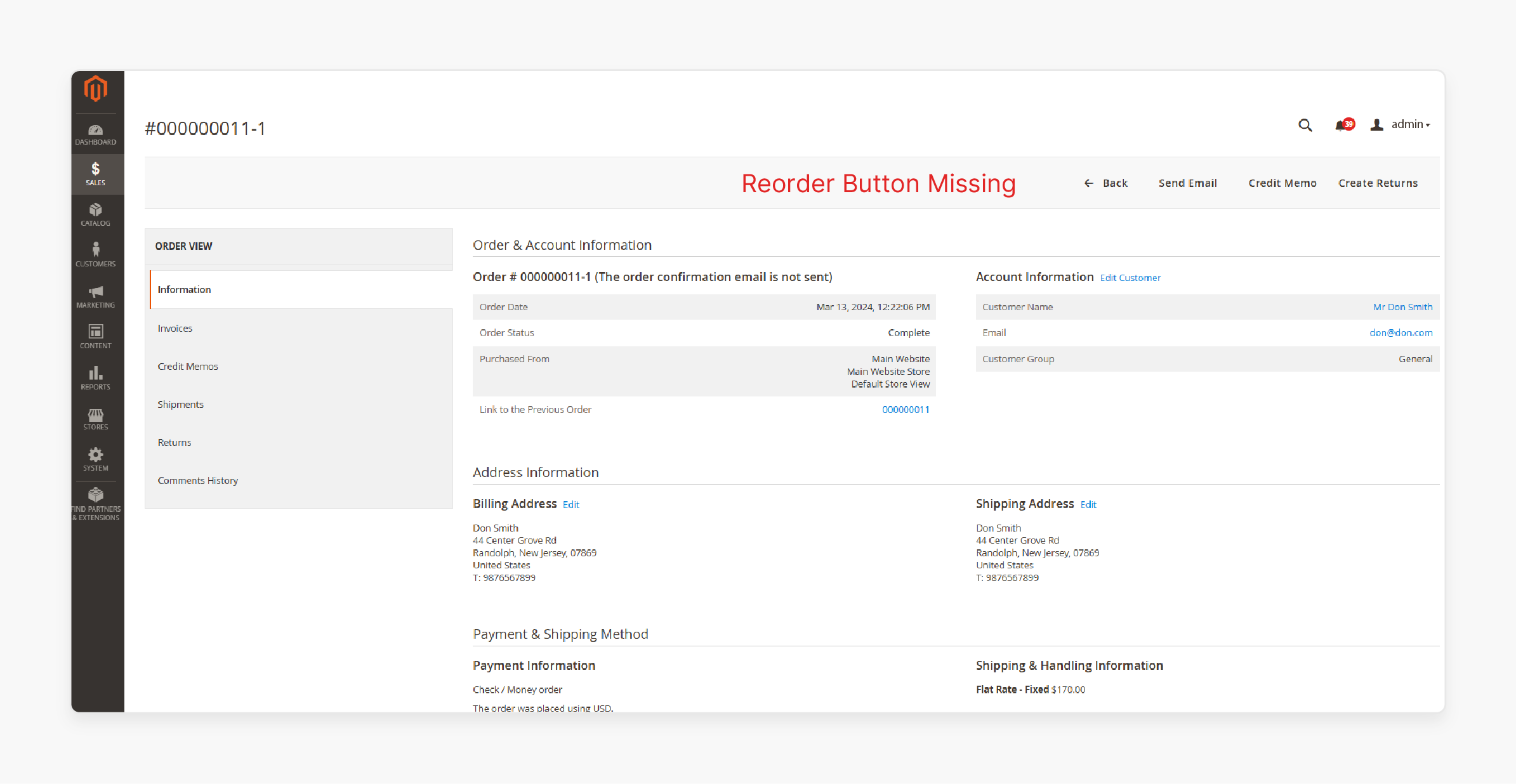 magento order view page showing missing reorder button