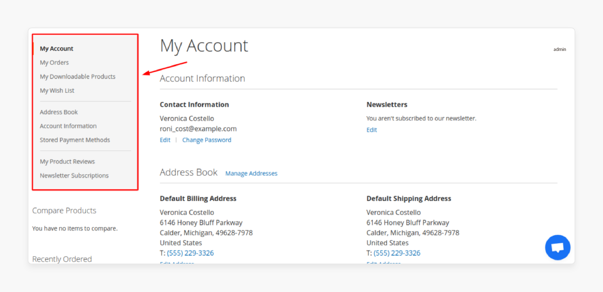magento 2 account page showing customer information and reorder options