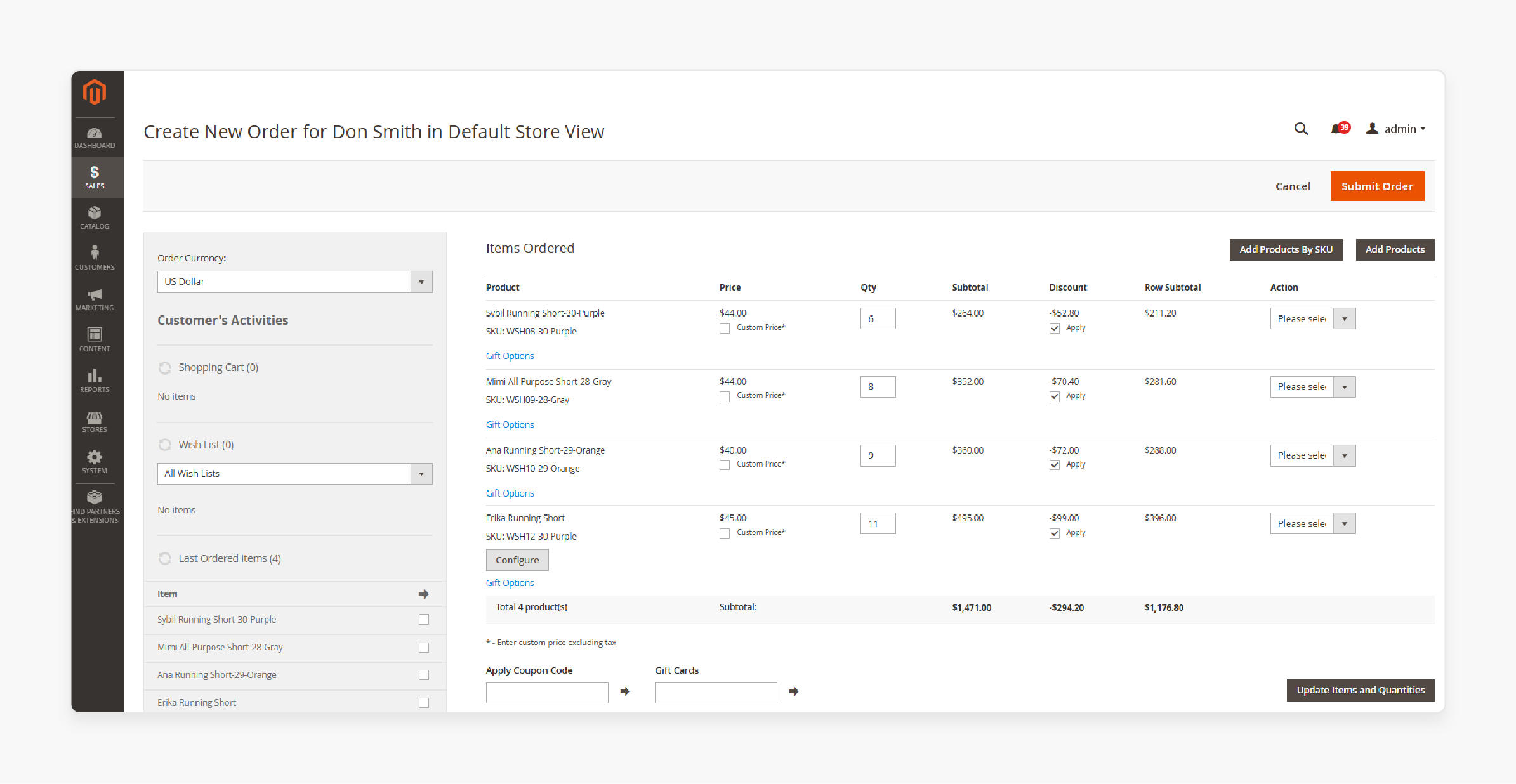 magento admin panel showing reorder option in order view