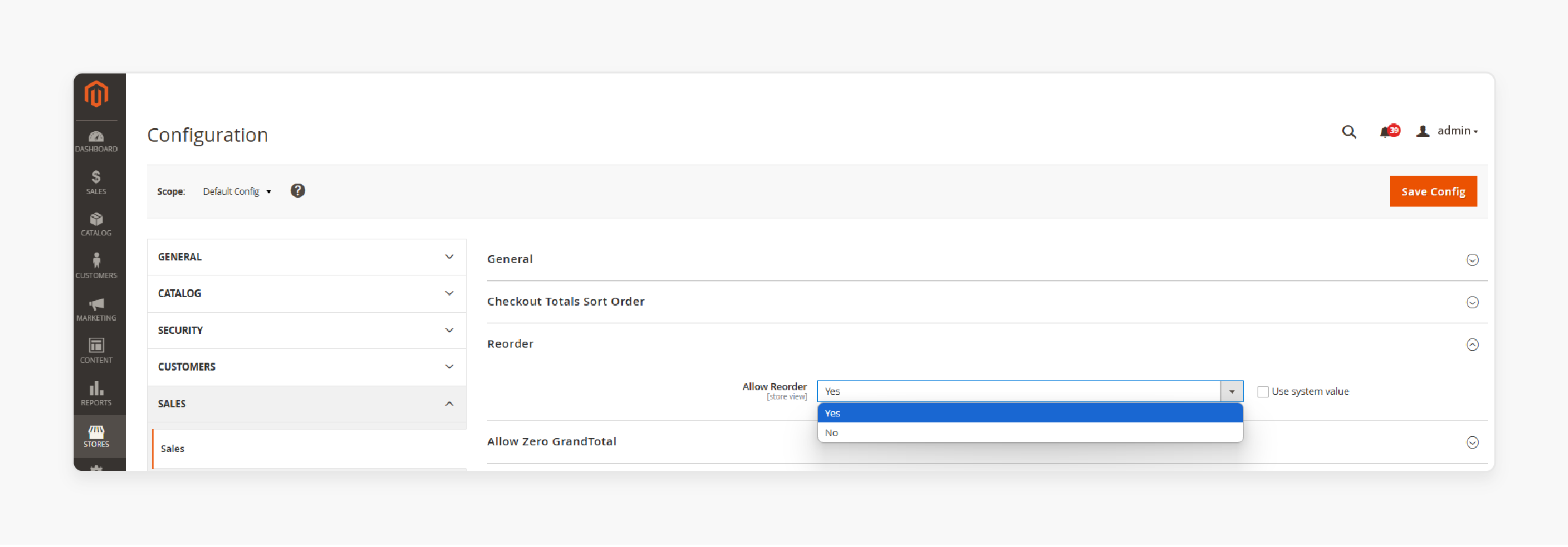 magento configuration settings for enabling reorder functionality