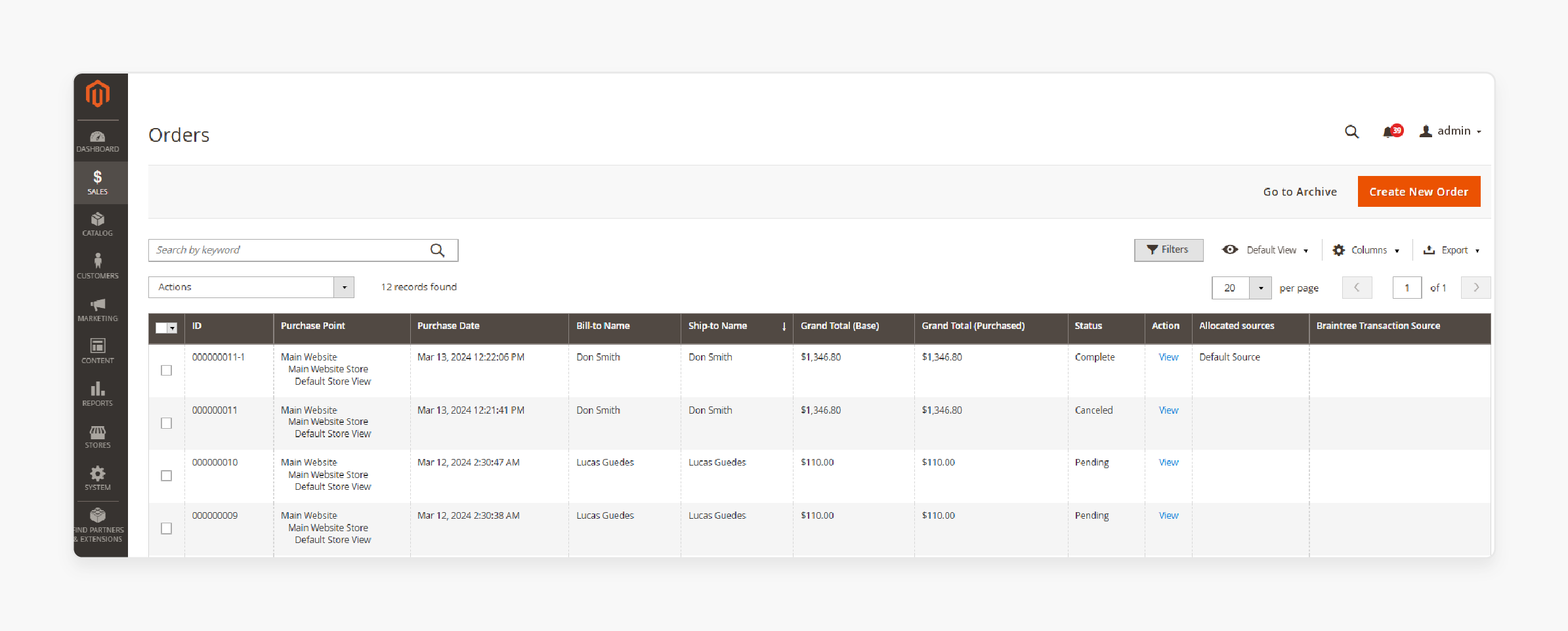 magento admin panel showing reorder functionality for orders