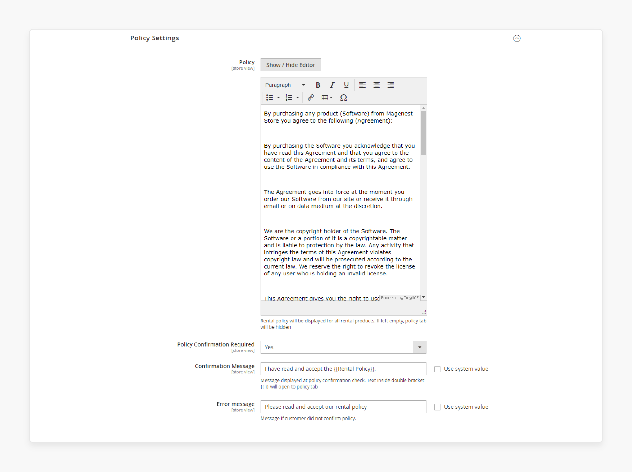 Configuring Magento 2 Rental Extension Policy Settings