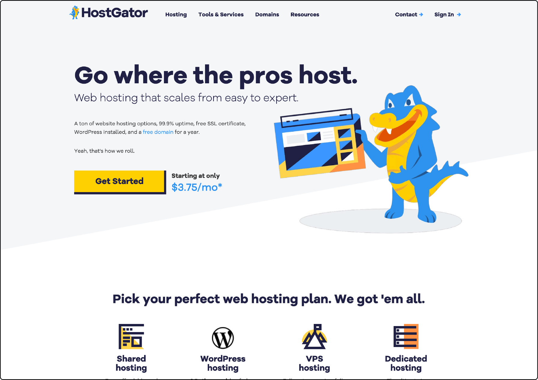 HostGator homepage highlighting affordable Magento hosting plans with strong customer support.