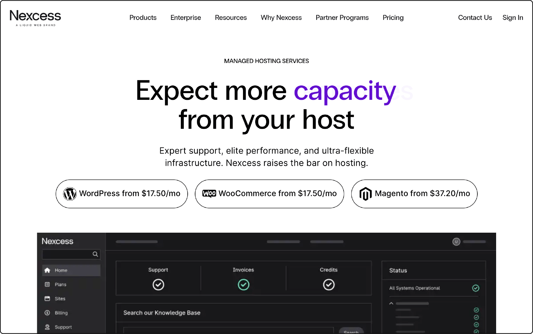 Nexcess homepage showing optimized Magento hosting with advanced security and performance features.