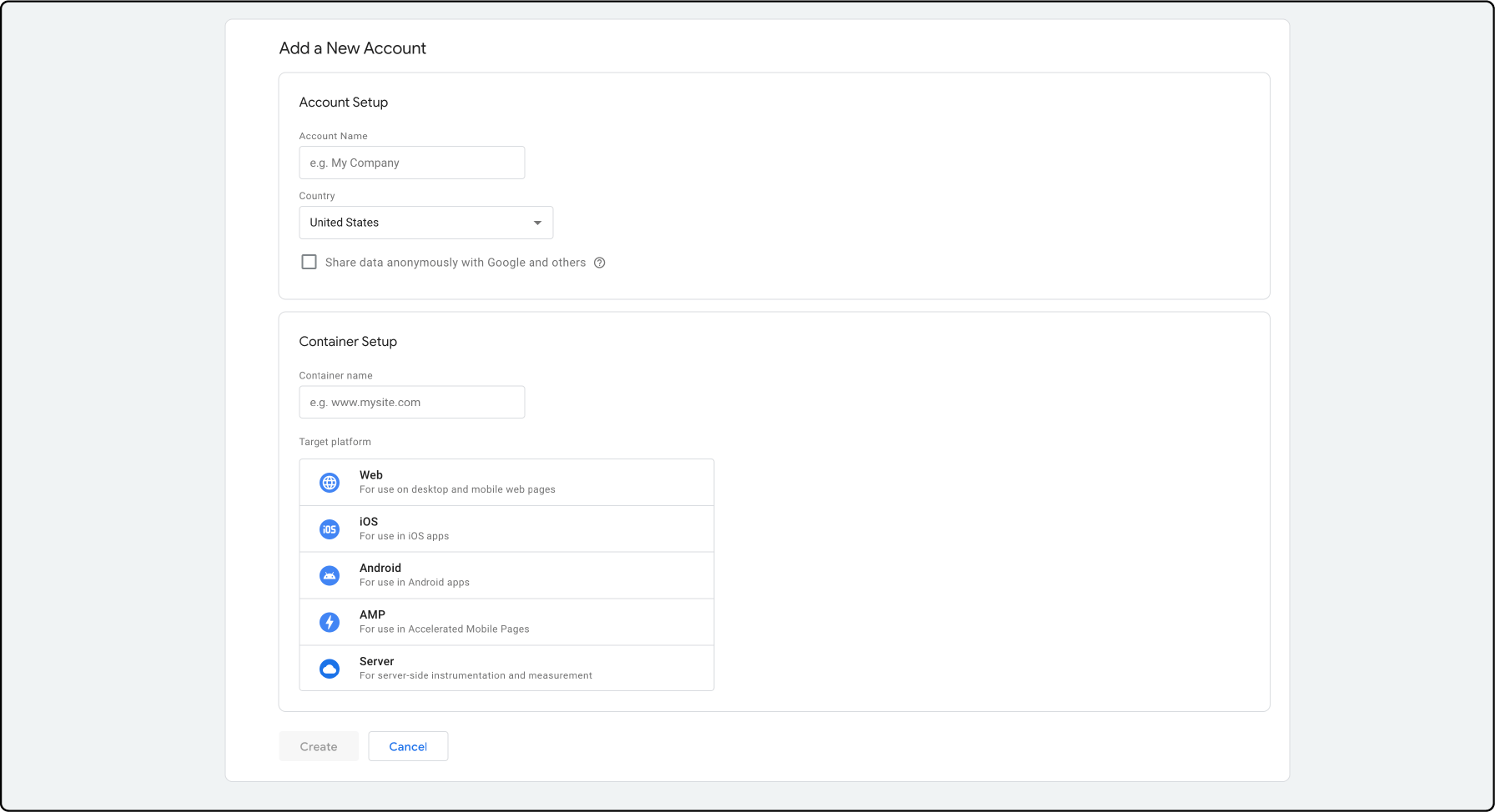 Detailing required information in the Add New Account and Container Setup for GA4