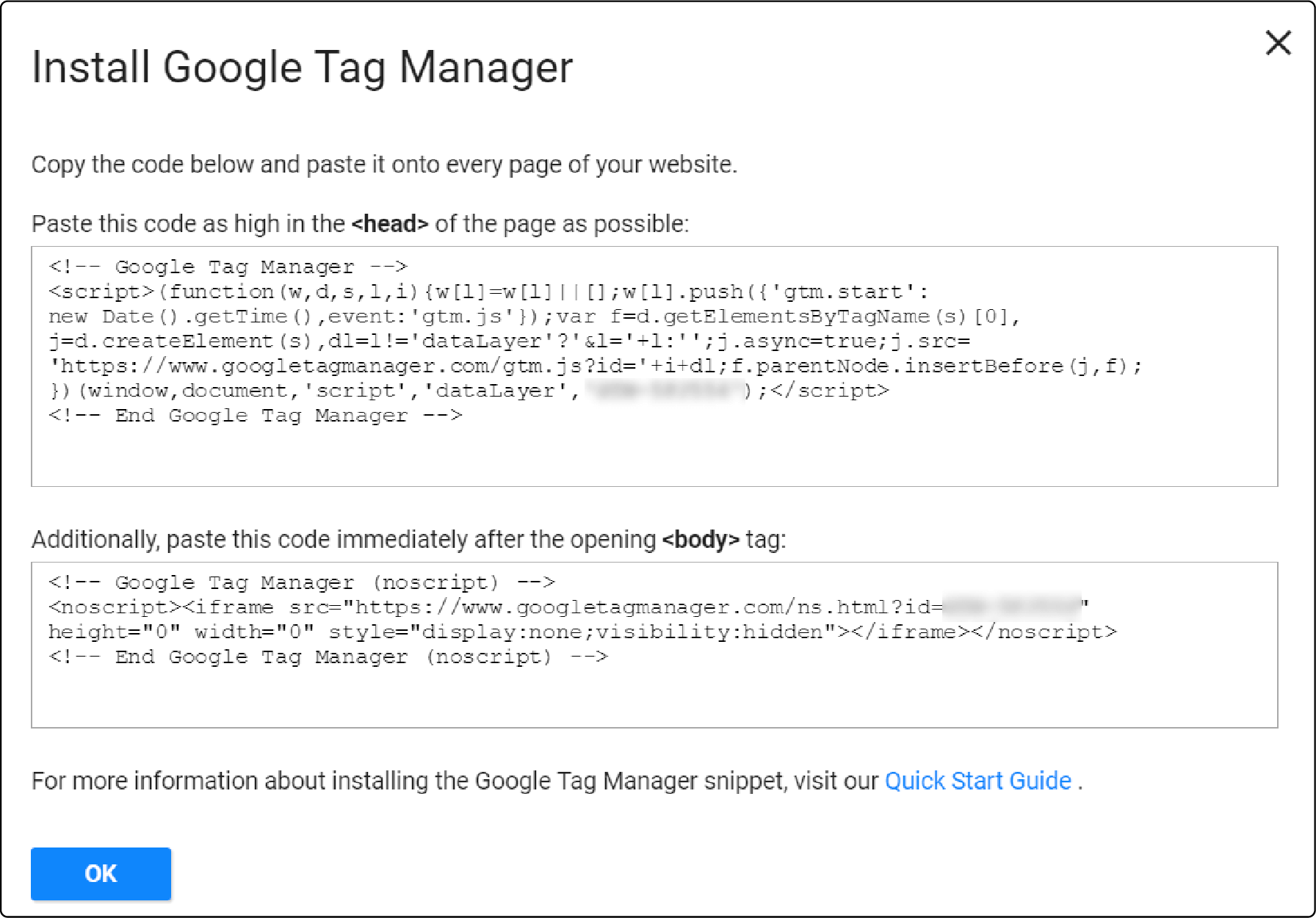 Copying Google Tag Manager installation codes for Magento 2 GA4 setup