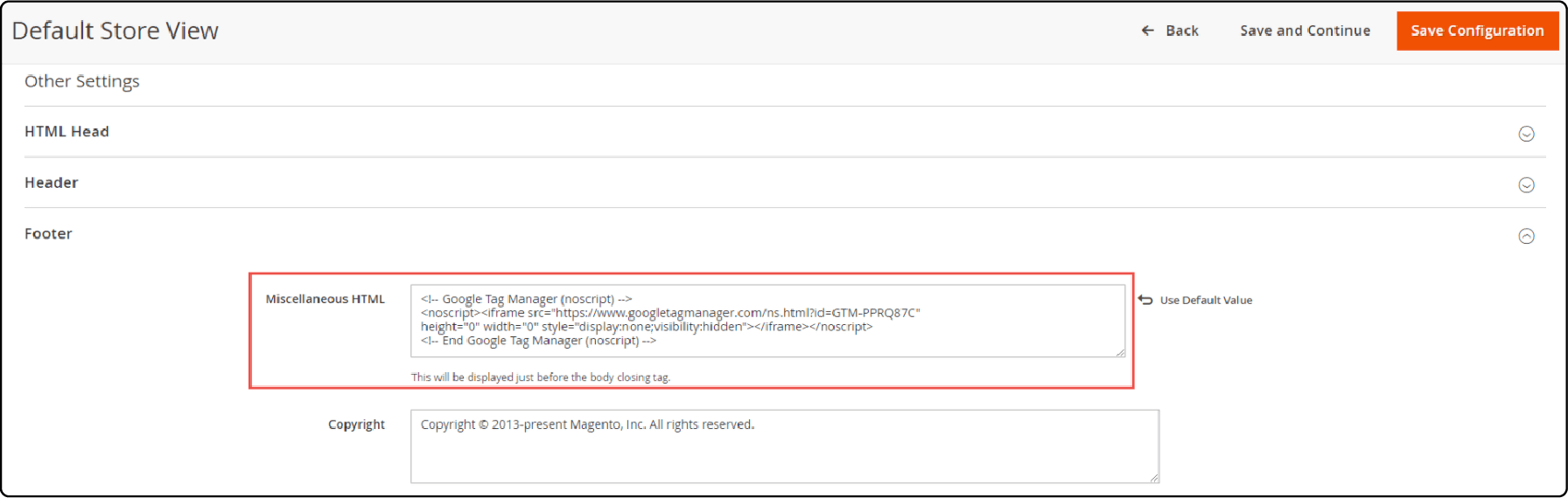 Editing the Miscellaneous HTML section in Magento's footer for GA4