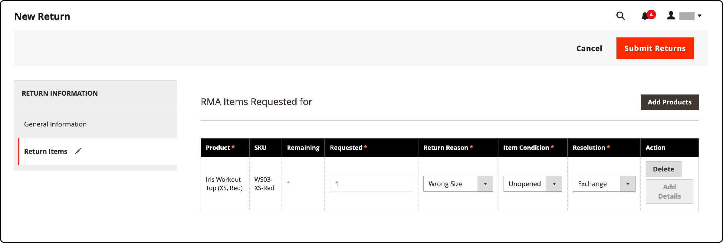 Step-by-step guide on creating a return request in Magento Admin
