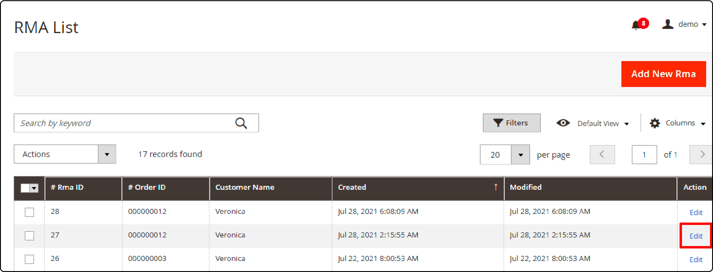 Process of using the RMA list for managing returns in Magento