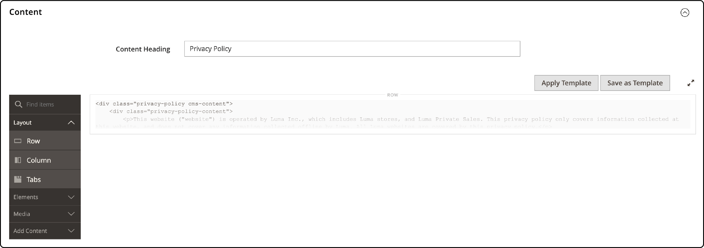 Editing cookie policy in the Content tab of Magento 2