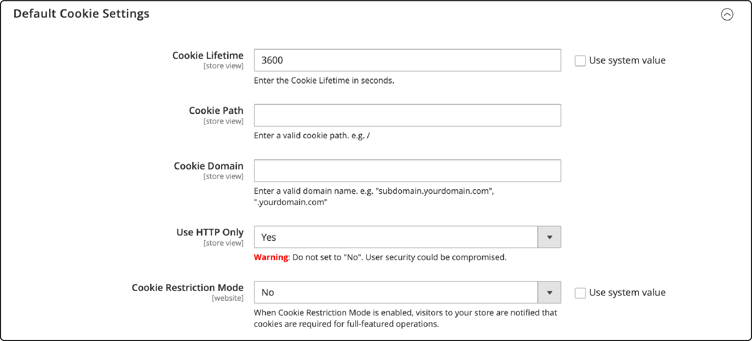 Guide to accessing default cookie settings in Magento 2 admin panel