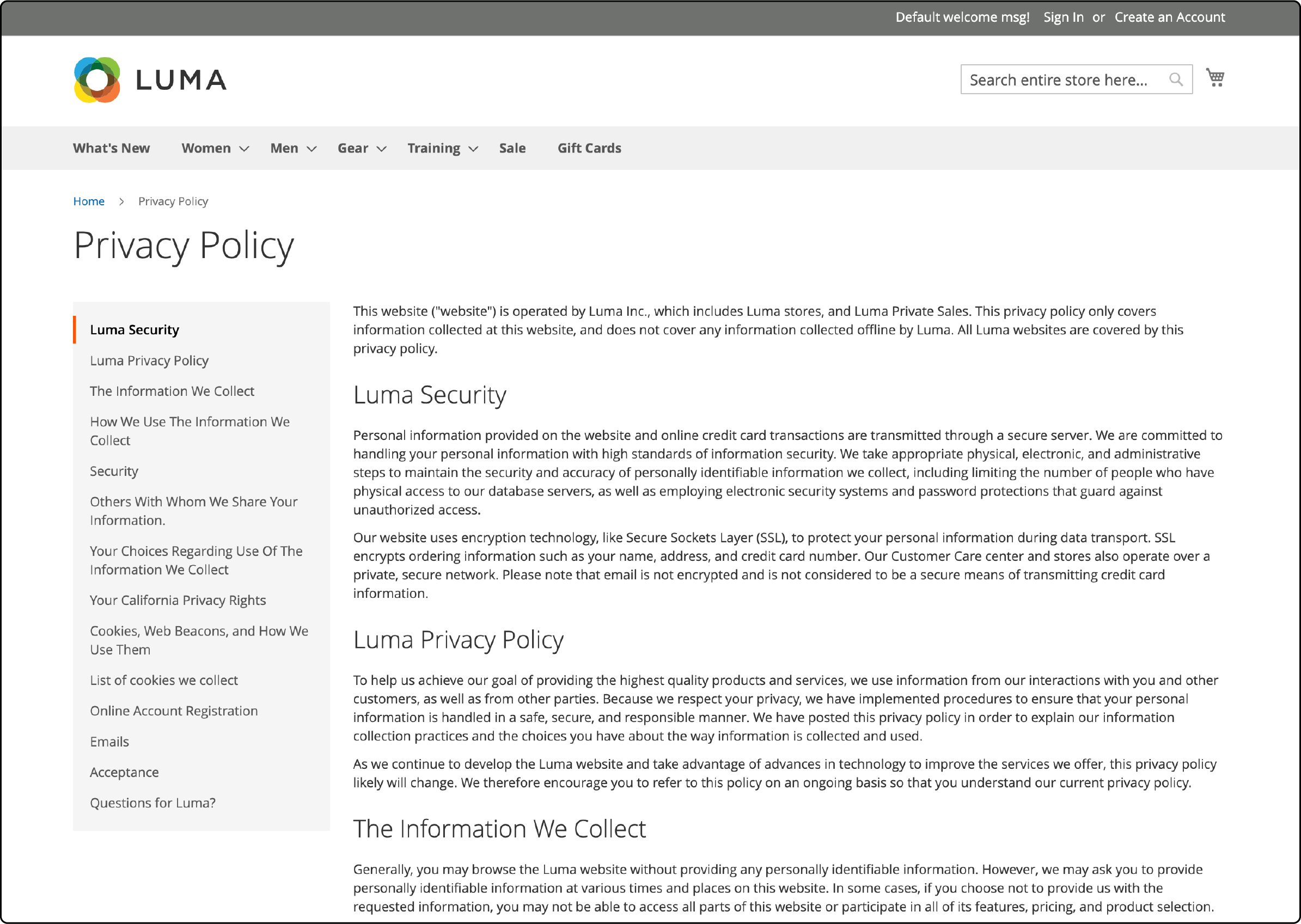 Display of updated privacy policy page in Magento 2
