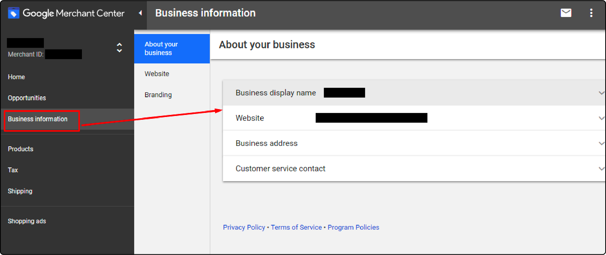 Google Merchant Business Information menu for product feed import in Magento