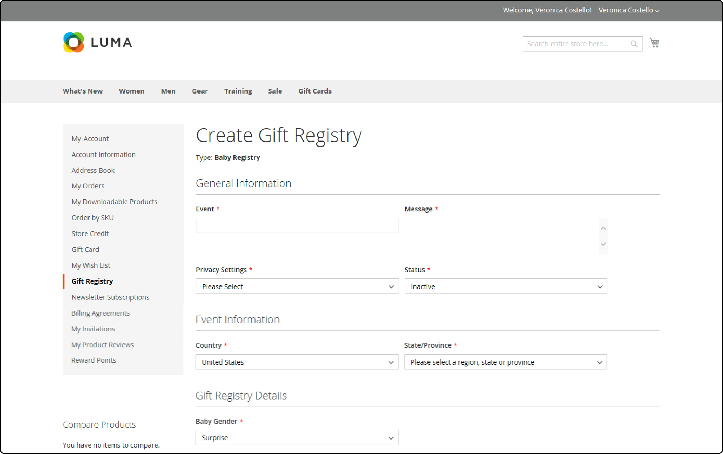 Magento gift registry interface showcasing customer engagement tools