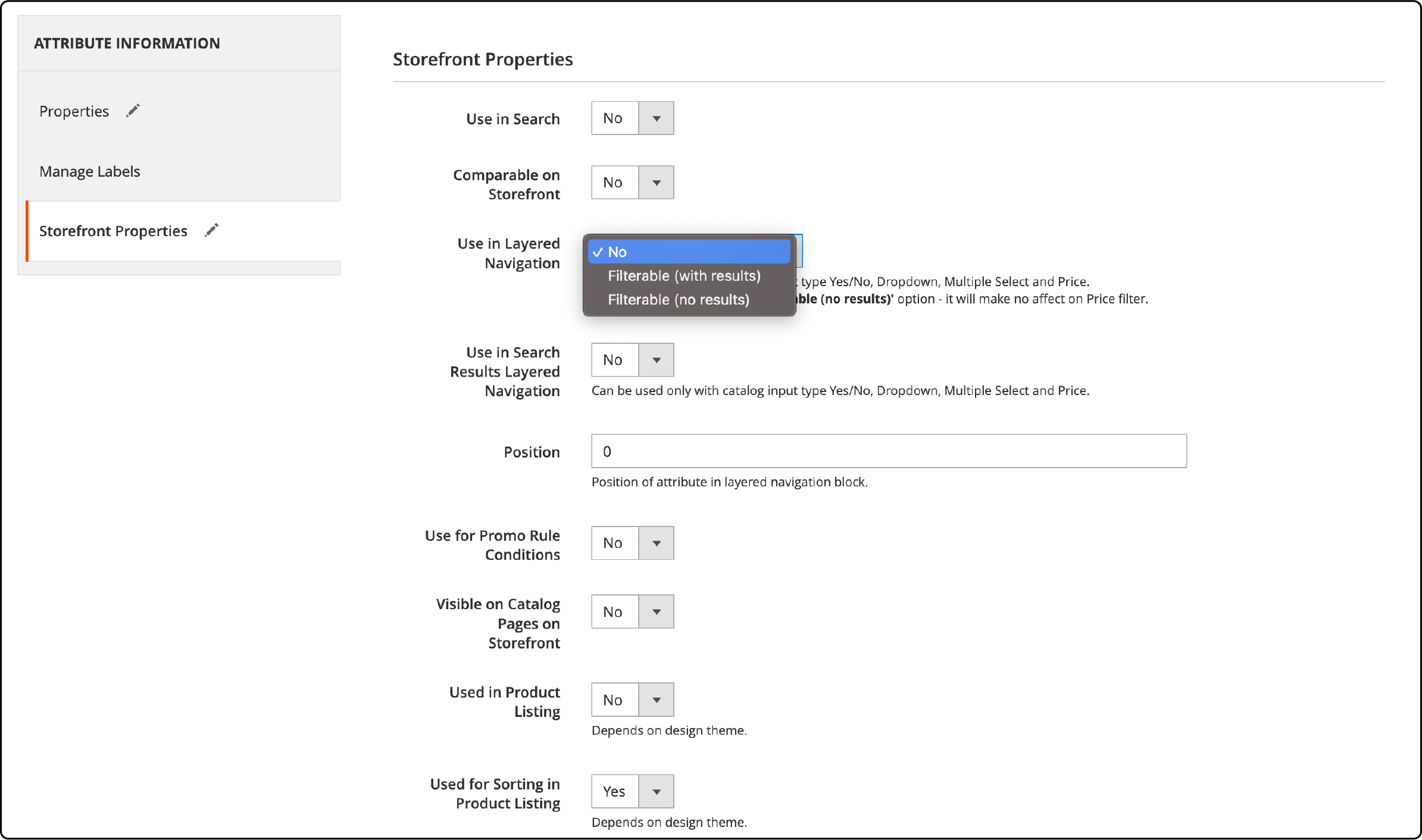 Magento admin panel showing steps to devise attribute properties for enhanced filtering