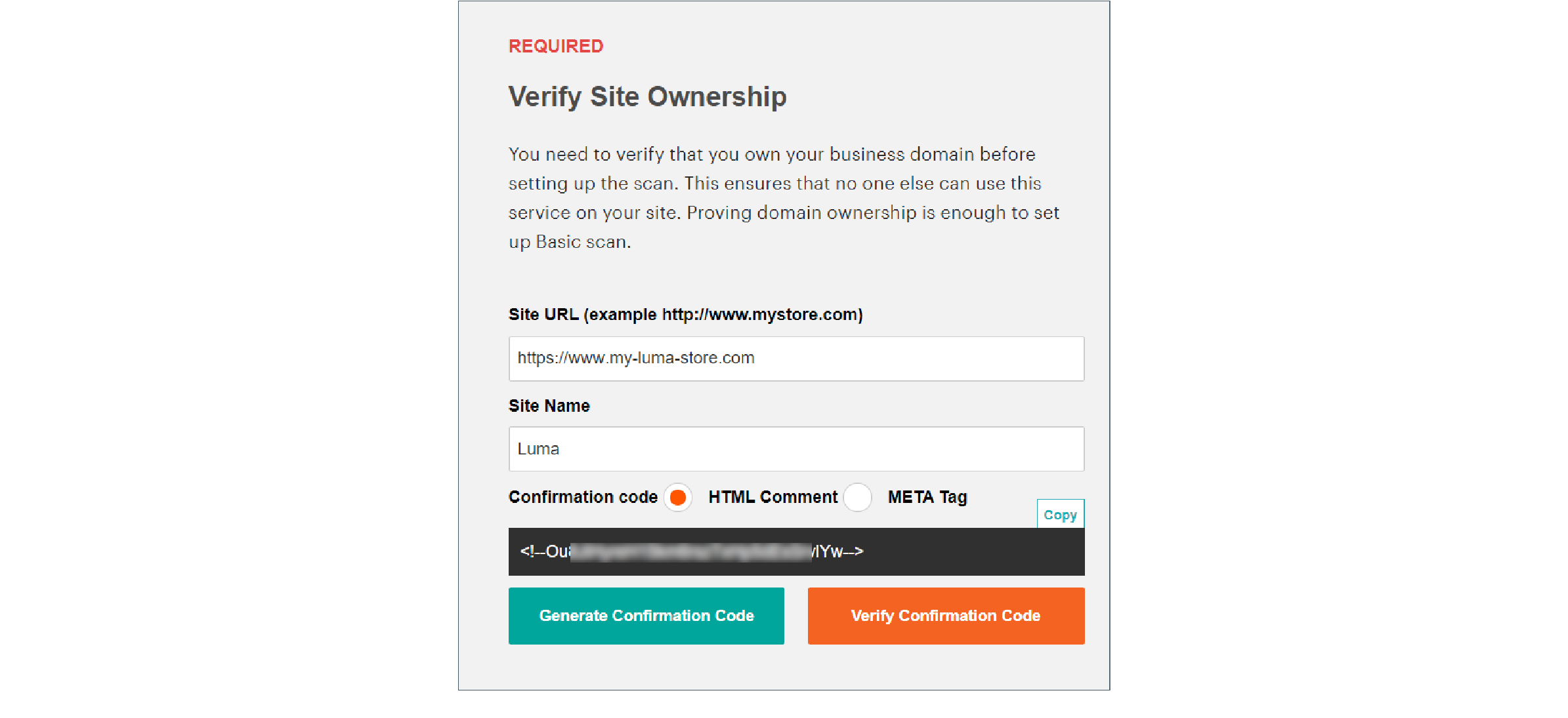 Generating a confirmation code for Magento site ownership verification