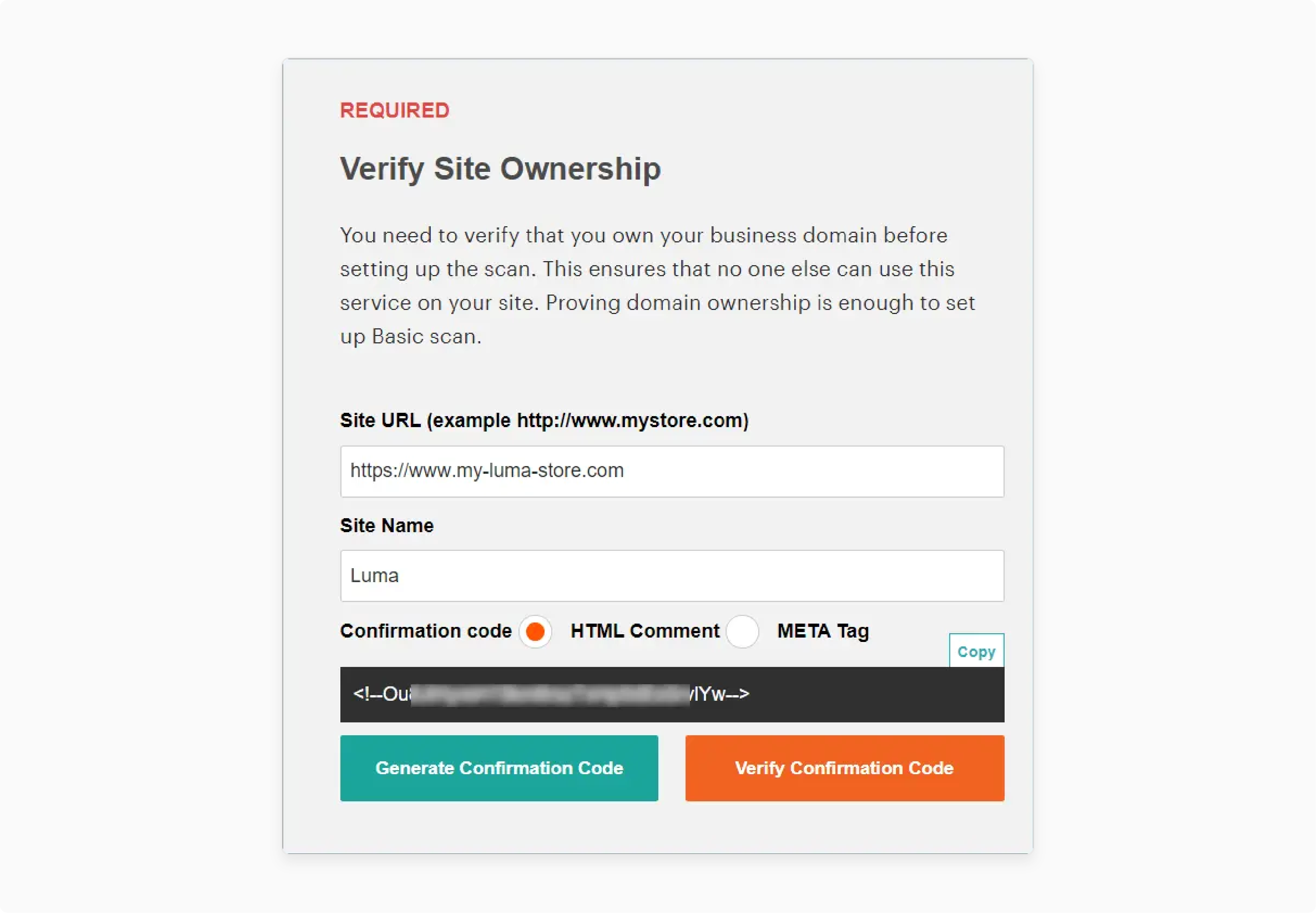 Generate and Copy Code in the Security Scan interface