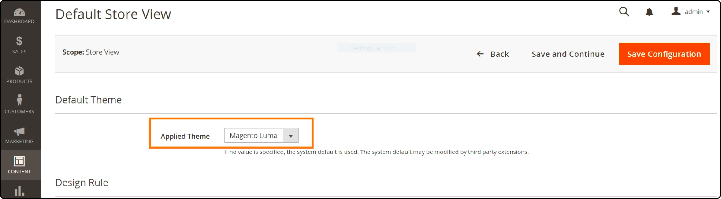 Guide on applying Magento default theme in the admin panel for store customization