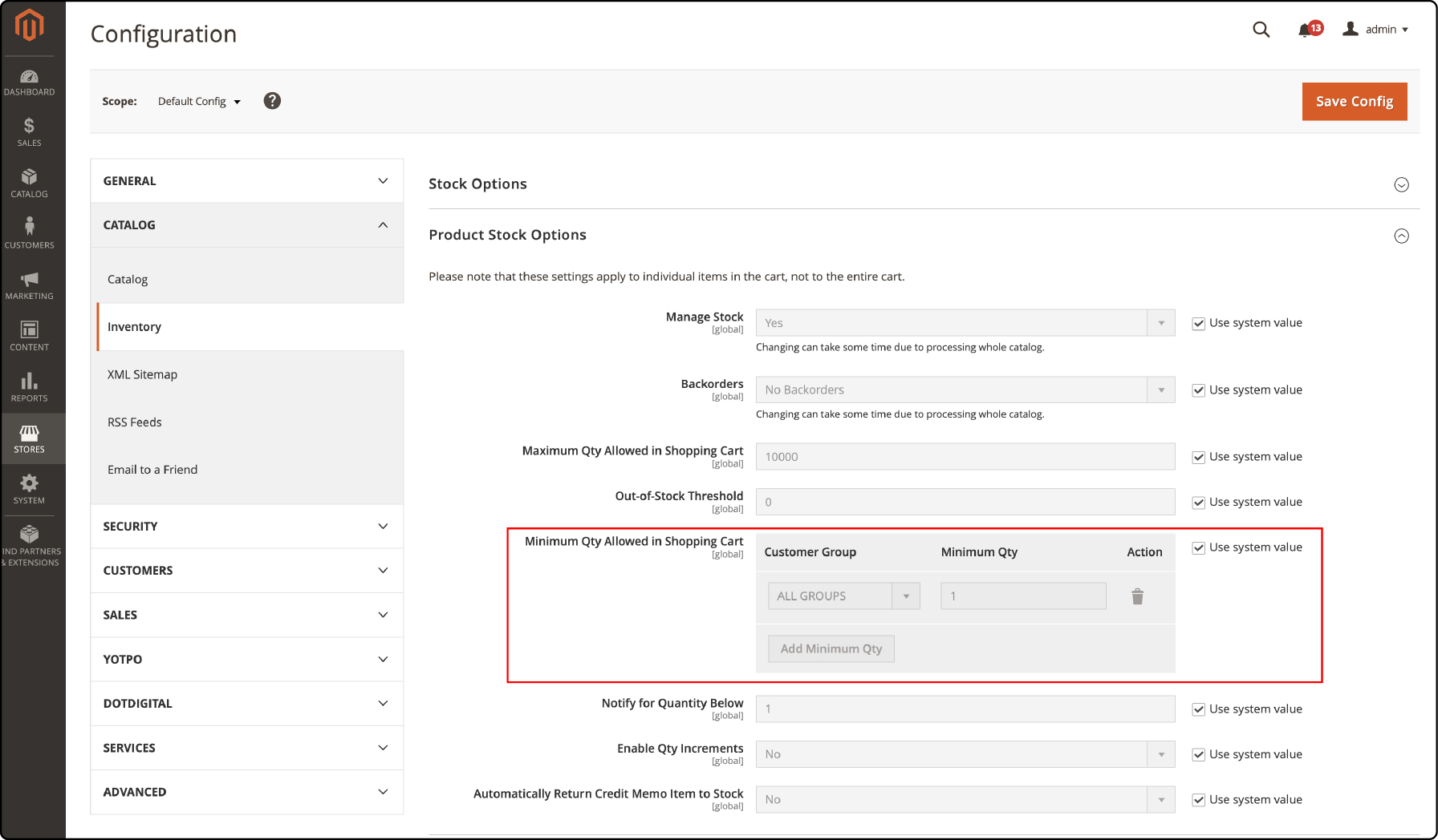 Admin settings for minimum order quantity in Magento