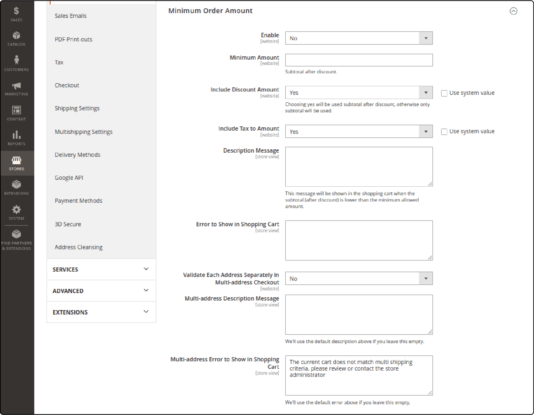 Setting minimum order amount in Magento